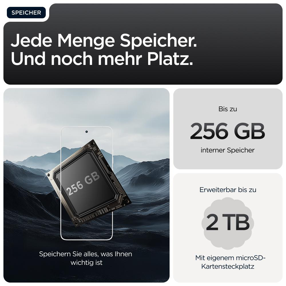 Telefoninterieur mit Chip, 256 GB interner Speicher, erweiterbar auf bis zu 2 TB. Hintergrund: Berge.