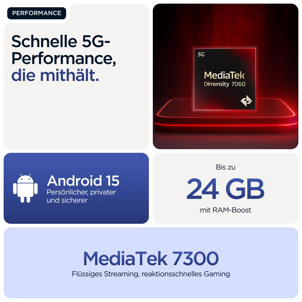 Werbung mit MediaTek Dimensity 7060, Android 15, 24 GB RAM-Boost und MediaTek 7300 für Leistung.
