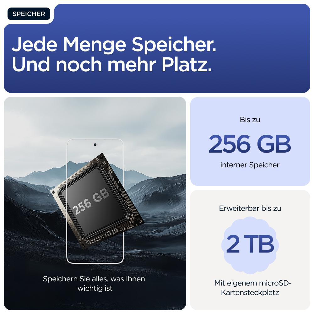 Telefoninterieur mit Chip, 256 GB interner Speicher, erweiterbar auf bis zu 2 TB. Hintergrund: Berge.