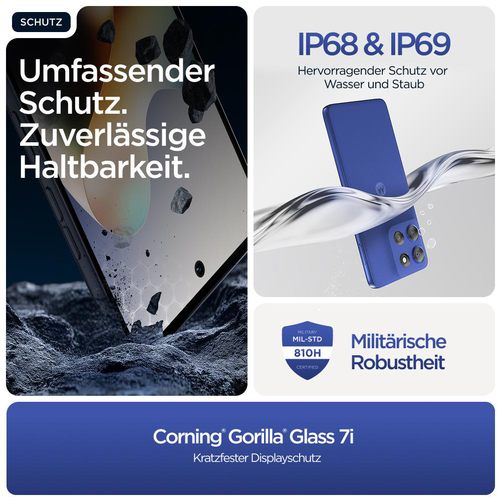 Telefon mit Displayschutz, Stoß- und Wasser-/Staubbeständigkeit. Corning Gorilla Glass 7i, IP68 & IP69.