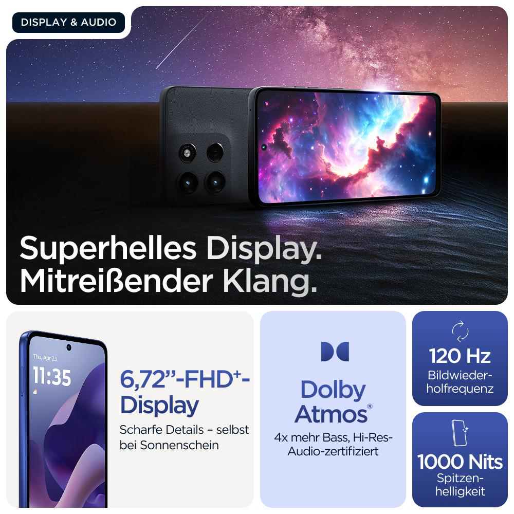 Telefon mit Galaxie-Bildschirm. Infos: Display, Sound, 6,72 Zoll, Dolby Atmos, 120 Hz, 1000 Nits.