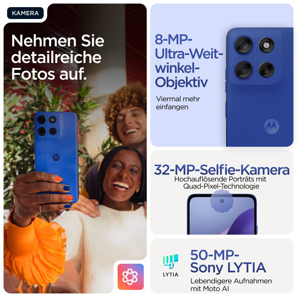Leute machen Fotos mit blauem Telefon. Merkmale: 8MP, 32MP Selfie-Kamera und 50MP Sony LYTIA.