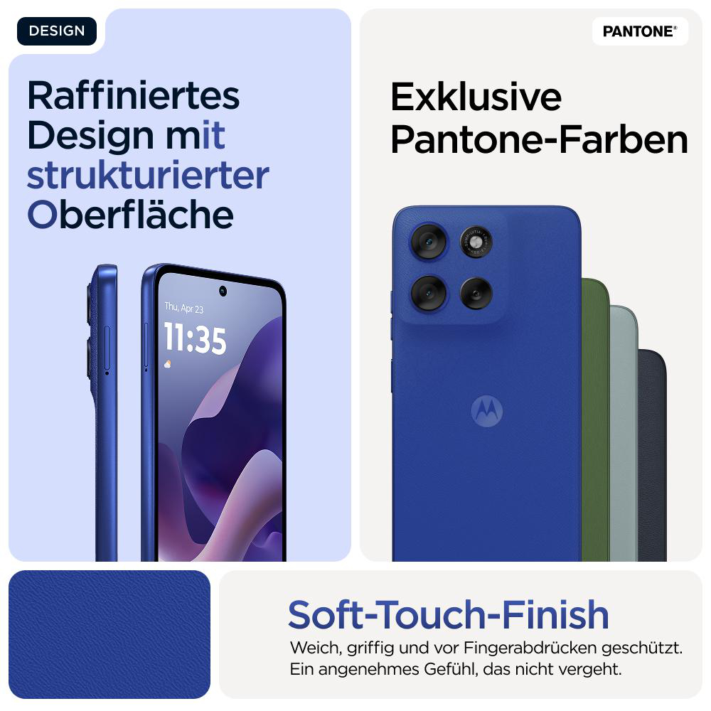 Telefon mit strukturierter Rückseite, Seitenansicht und Bildschirm. Design-Details, Pantone-Farben, Soft-Touch-Finish.