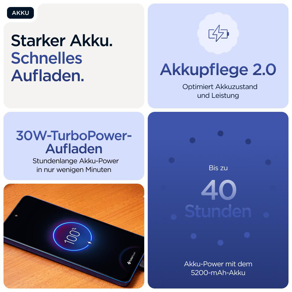 Werbung mit Akku-Highlights: starker Akku, schnelles Aufladen, 30W TurboPower und bis zu 40 Stunden Akkulaufzeit.