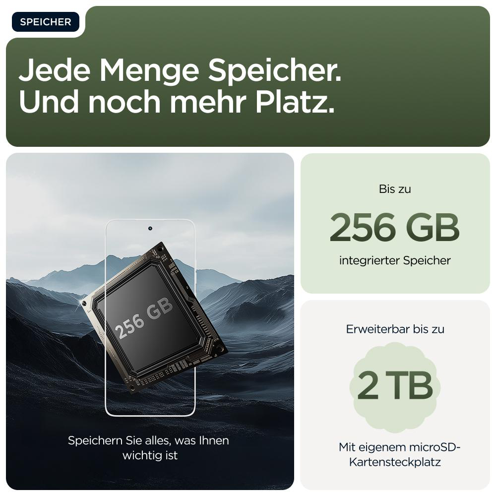 Werbung, die Speicher hervorhebt, mit einem Telefon, das 256 GB internen Speicher und bis zu 2 TB erweiterbar zeigt.