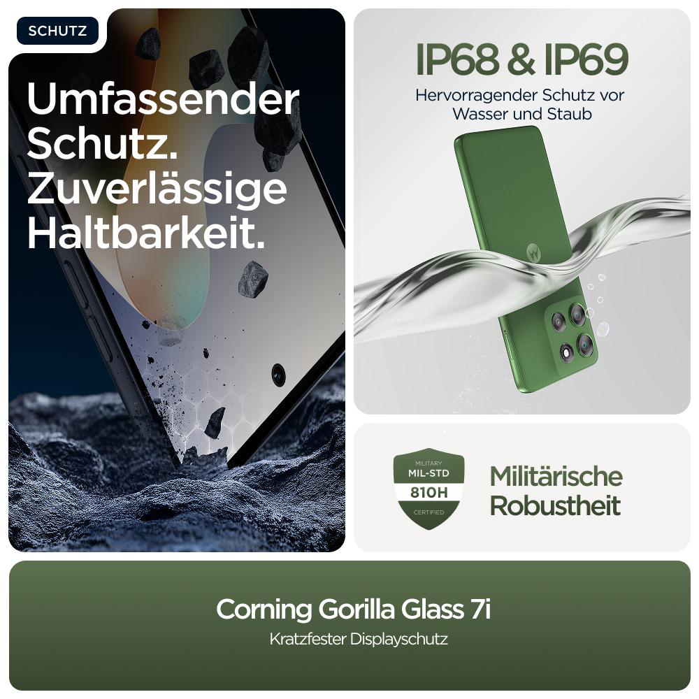 Telefon mit Displayschutz, Stoß- und Wasser-/Staubbeständigkeit. Corning Gorilla Glass 7i, IP68 & IP69.