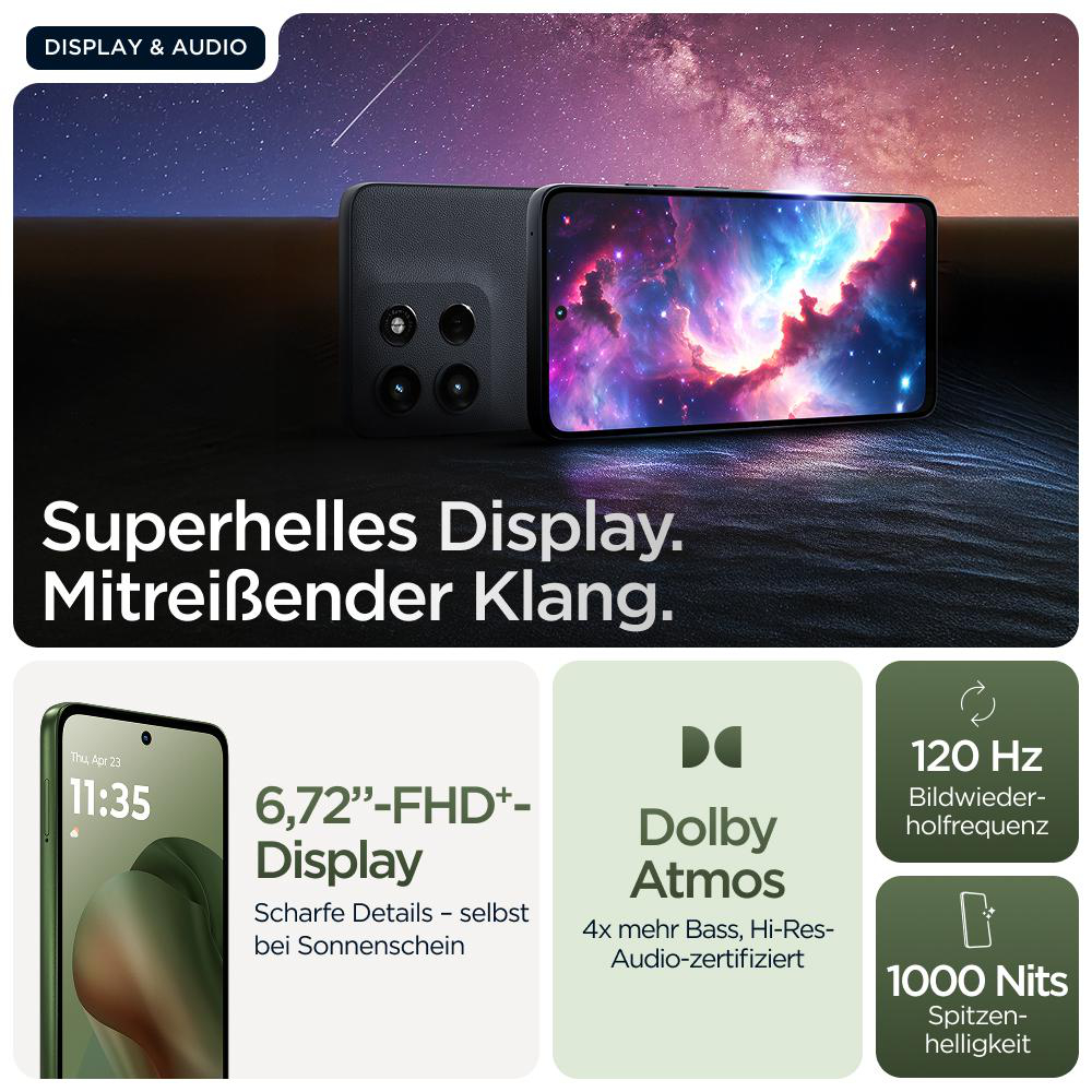 Telefon mit Galaxie-Bildschirm. Infos: Display, Sound, 6,72 Zoll, Dolby Atmos, 120 Hz, 1000 Nits.