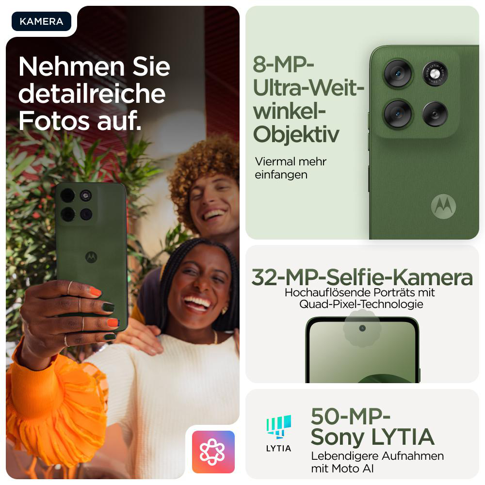 Werbung mit Personen, die Fotos mit dem Telefon machen, mit 8MP Ultraweitwinkel- und 32MP Selfie-Kameras.