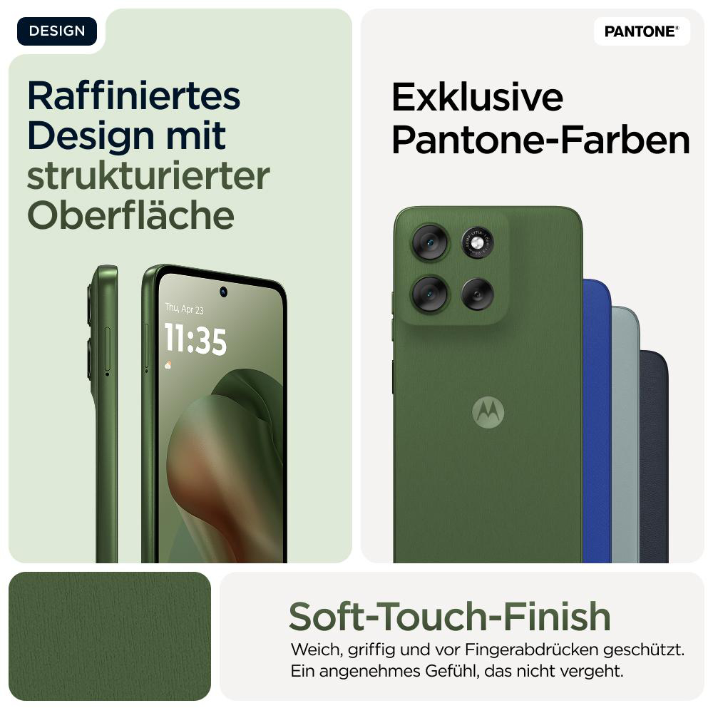 Werbung mit Telefondesign: raffiniertes, strukturiertes Design, exklusive Pantone-Farben und Soft-Touch-Finish.