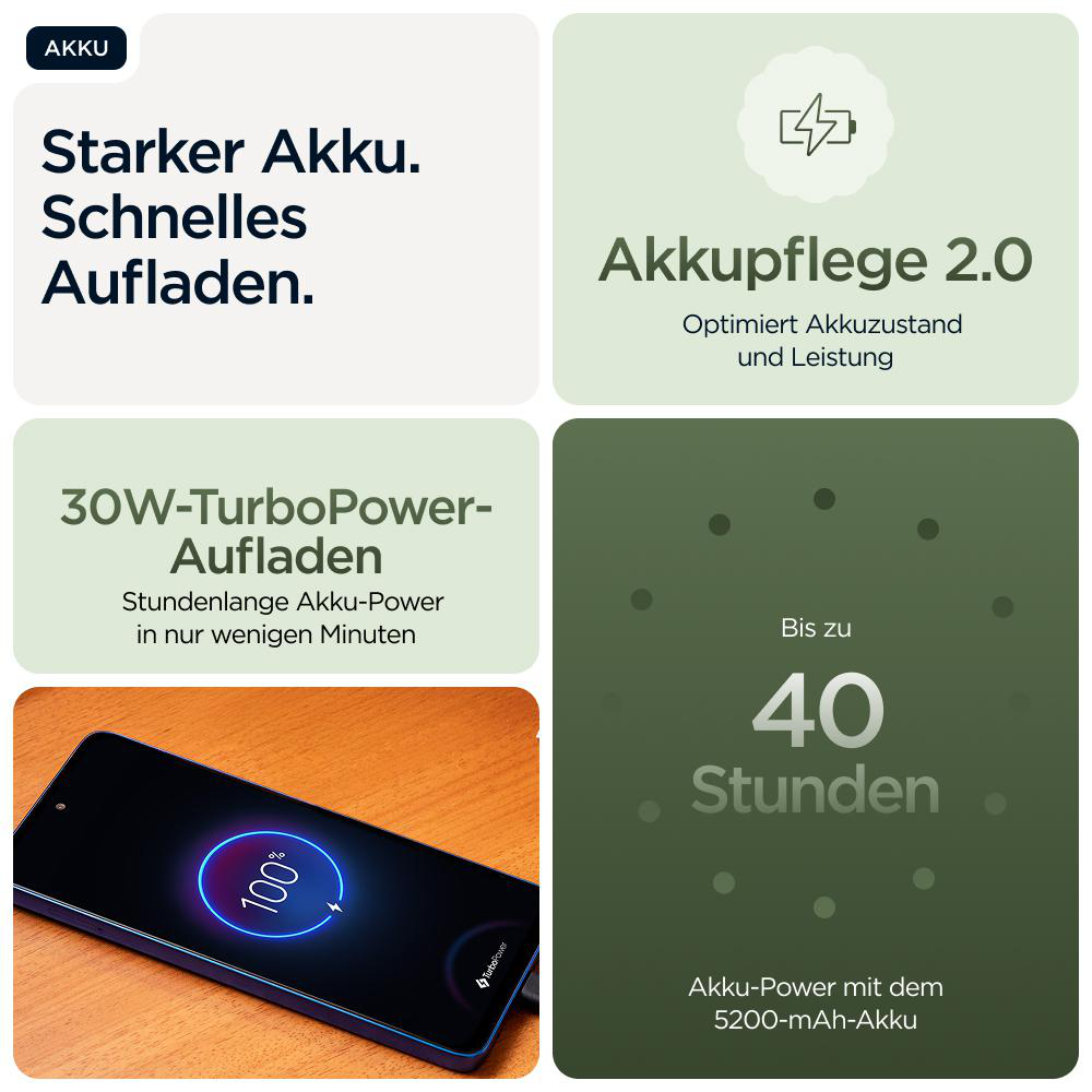 Bild zeigt Smartphone-Funktionen: Akku, Schnellladen, Akkupflege und 40 Stunden Akkulaufzeit.