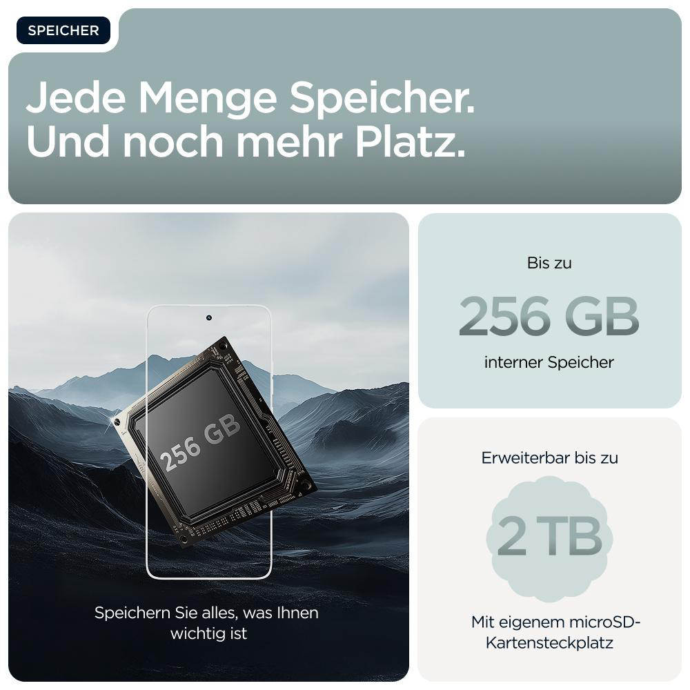 Bild zeigt Smartphone-Speicher: 256 GB interner Speicher, erweiterbar auf bis zu 2 TB, microSD-Kartensteckplatz.