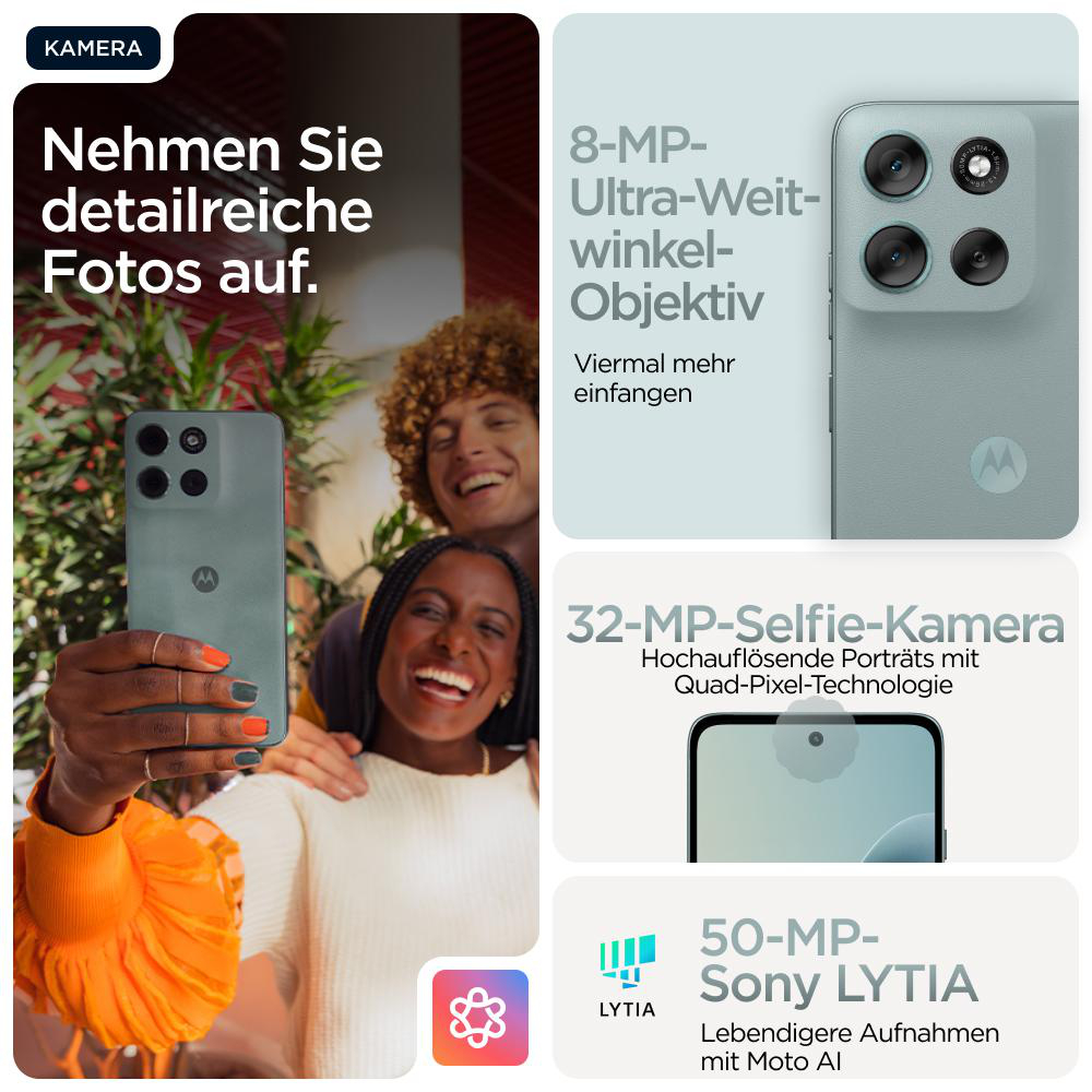 Bild zeigt Telefonkameras: 8 MP Ultraweitwinkel, 32 MP Selfie und 50 MP Sony LYTIA für detaillierte Fotos.