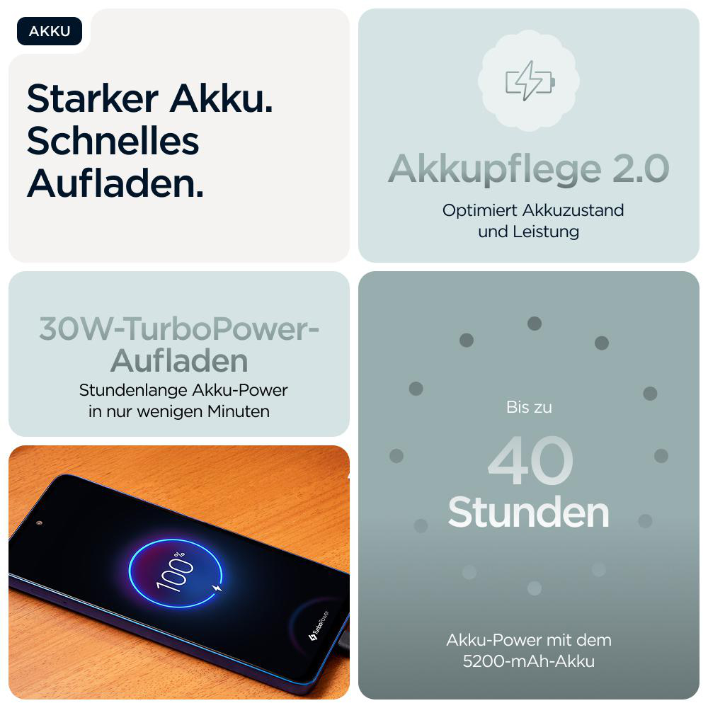 Bild zeigt Smartphone-Funktionen: Akku, Schnellladen, Akkupflege und 40 Stunden Akkulaufzeit.