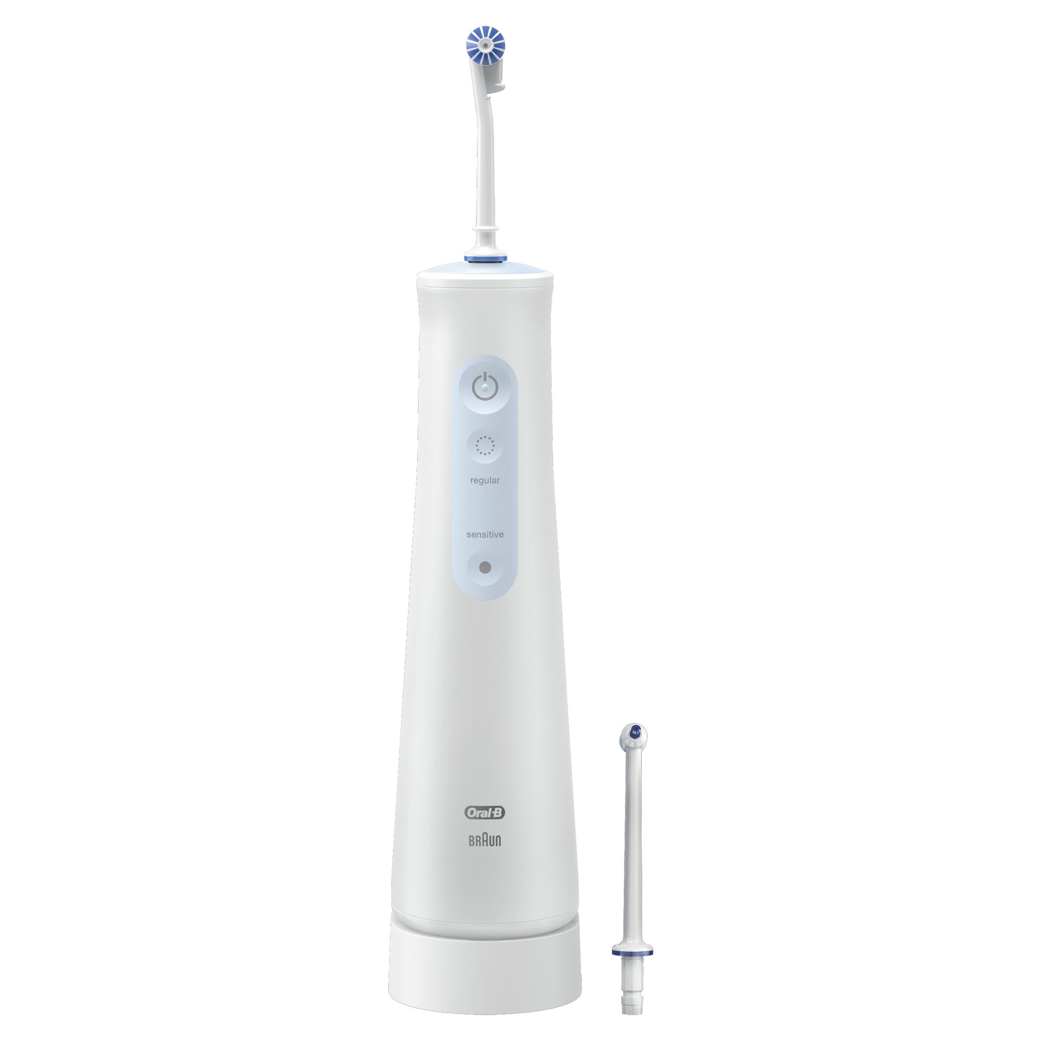 White and blue Oral-B water flosser with two tips; one attached, one separate.