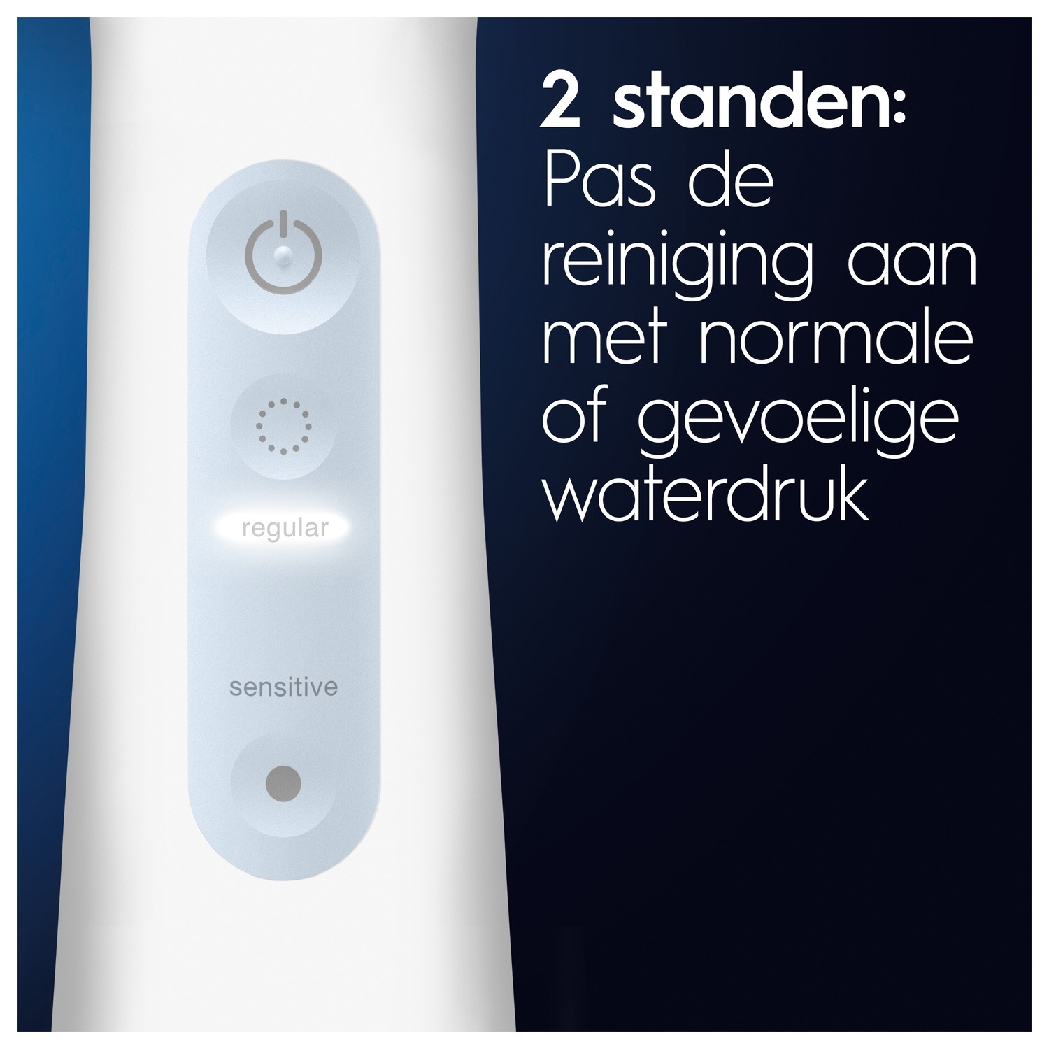 Close-up of water flosser control panel, with power, regular and sensitive settings.