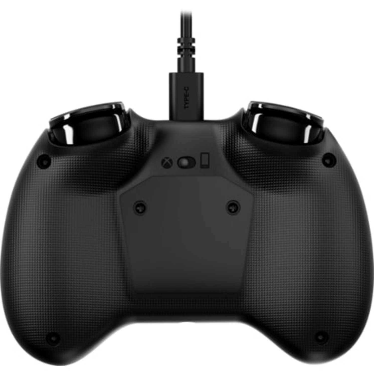 Back of black HyperX Xbox controller. Features triggers, buttons, and a USB-C port.