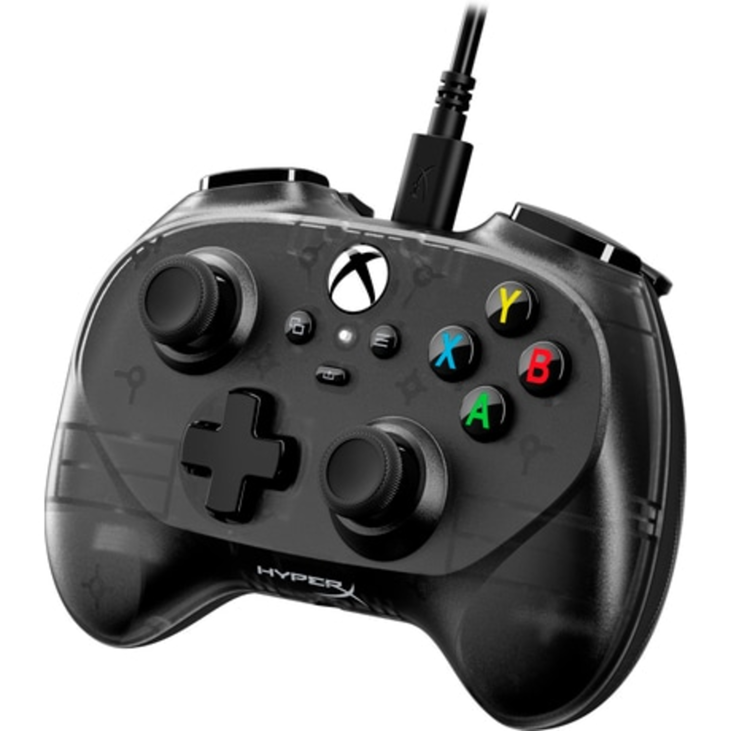 Black Xbox controller with transparent design, buttons with colored letters, and a USB cable attached.