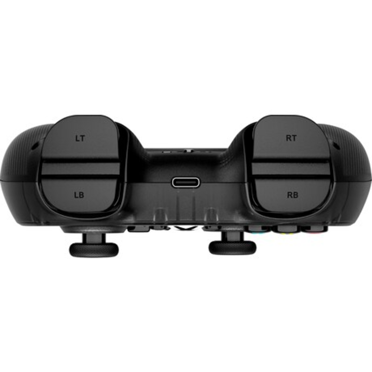 Bottom view of black Xbox controller showing buttons: LT, LB, RT, RB, and a USB-C port.