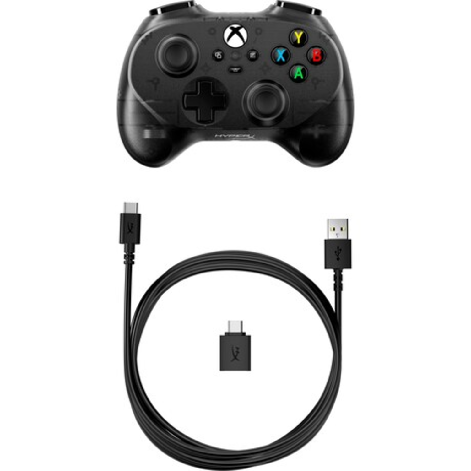 Black Xbox controller with a USB cable, USB-C adapter, and a USB adapter for connection.