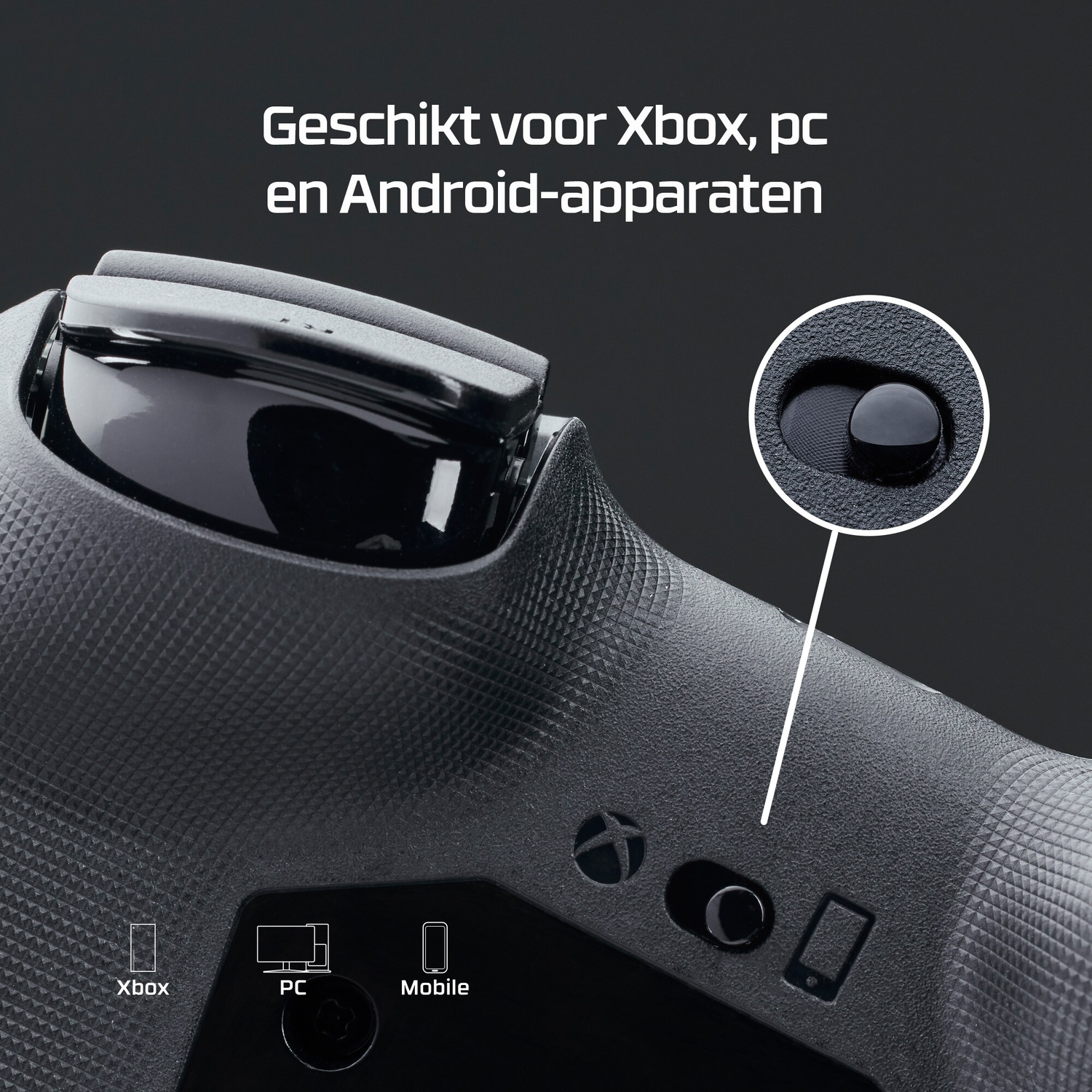 Close-up of a black controller, with text overlay indicating compatibility with Xbox, PC, and Android.