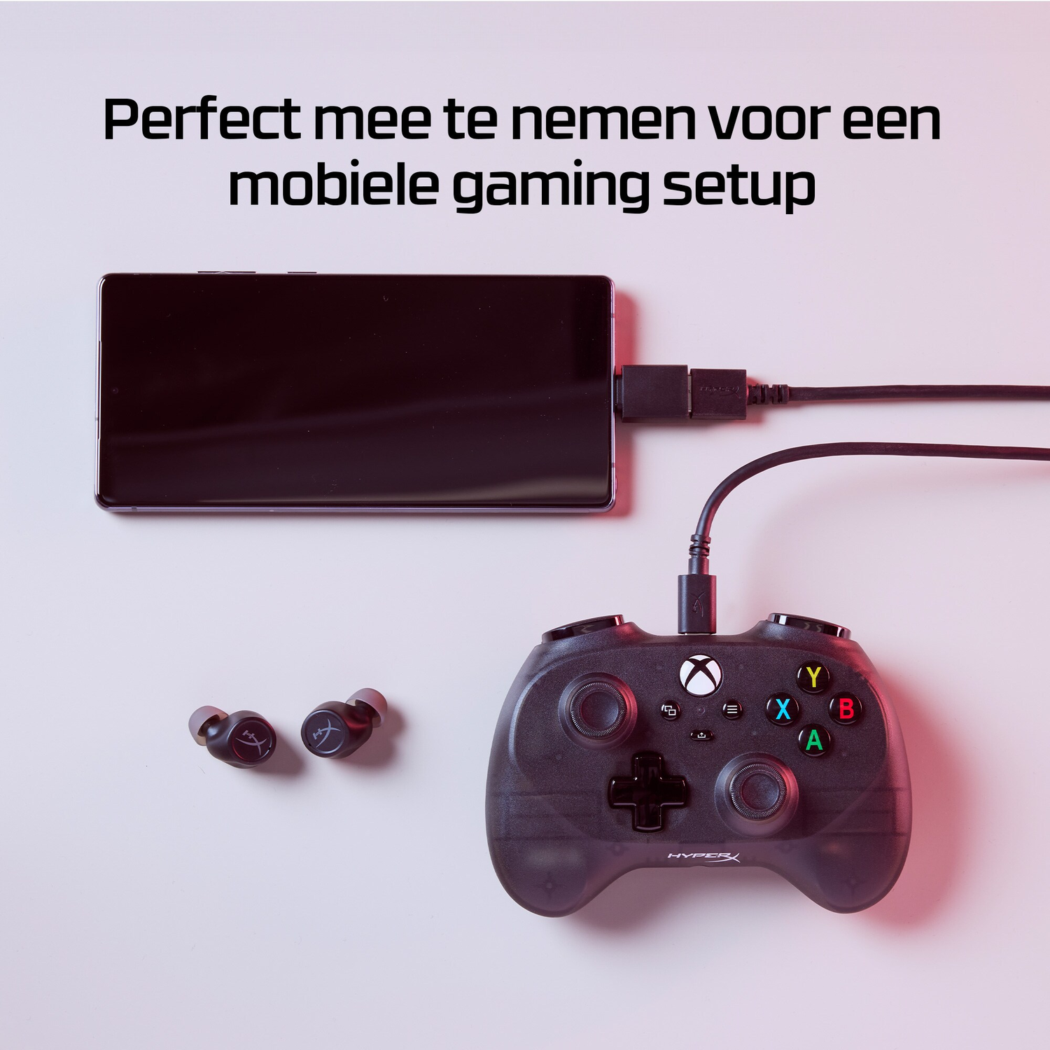 Black phone, controller, and earbuds are connected. Controller has buttons.