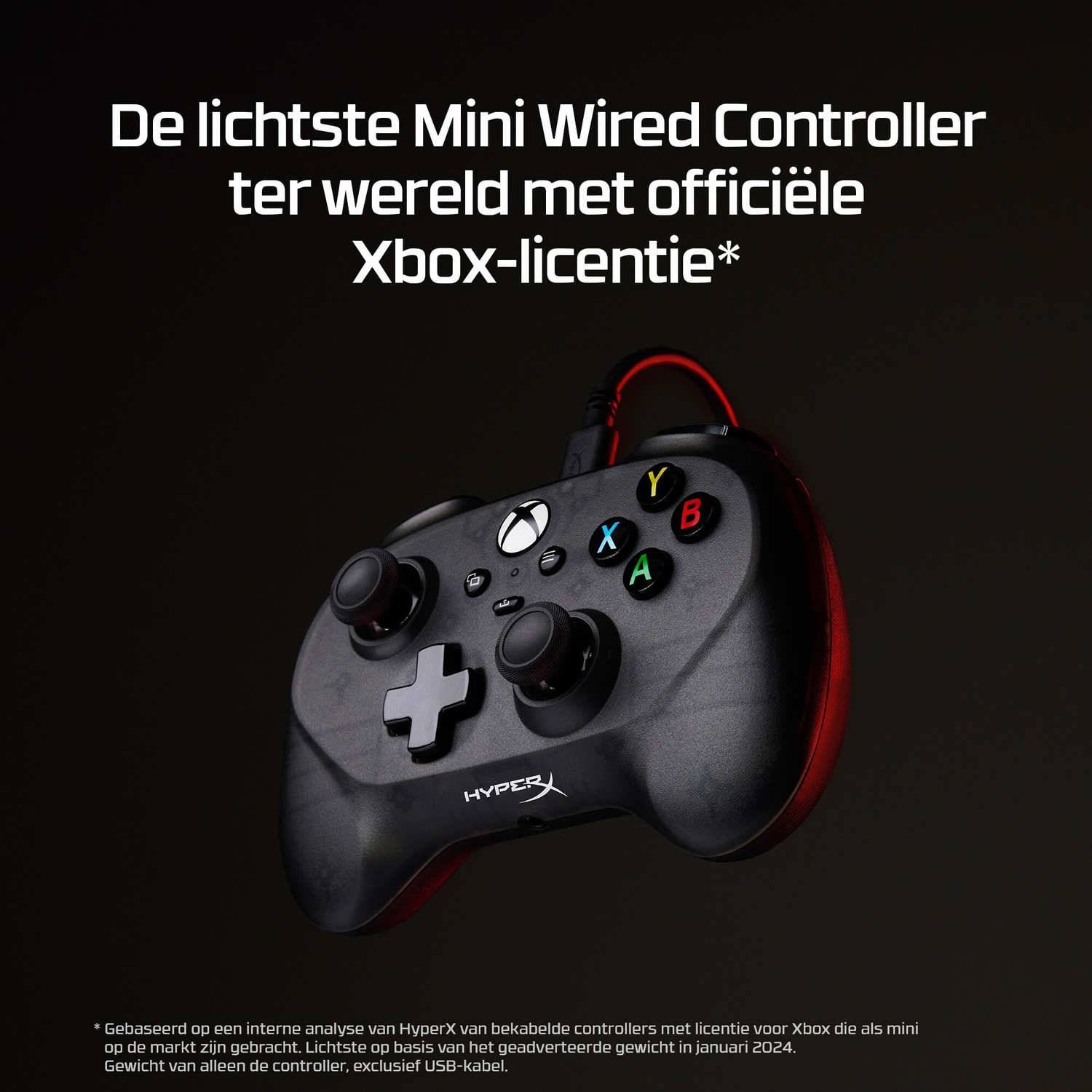Black controller with red highlights. Illuminated buttons. Xbox logo is visible.