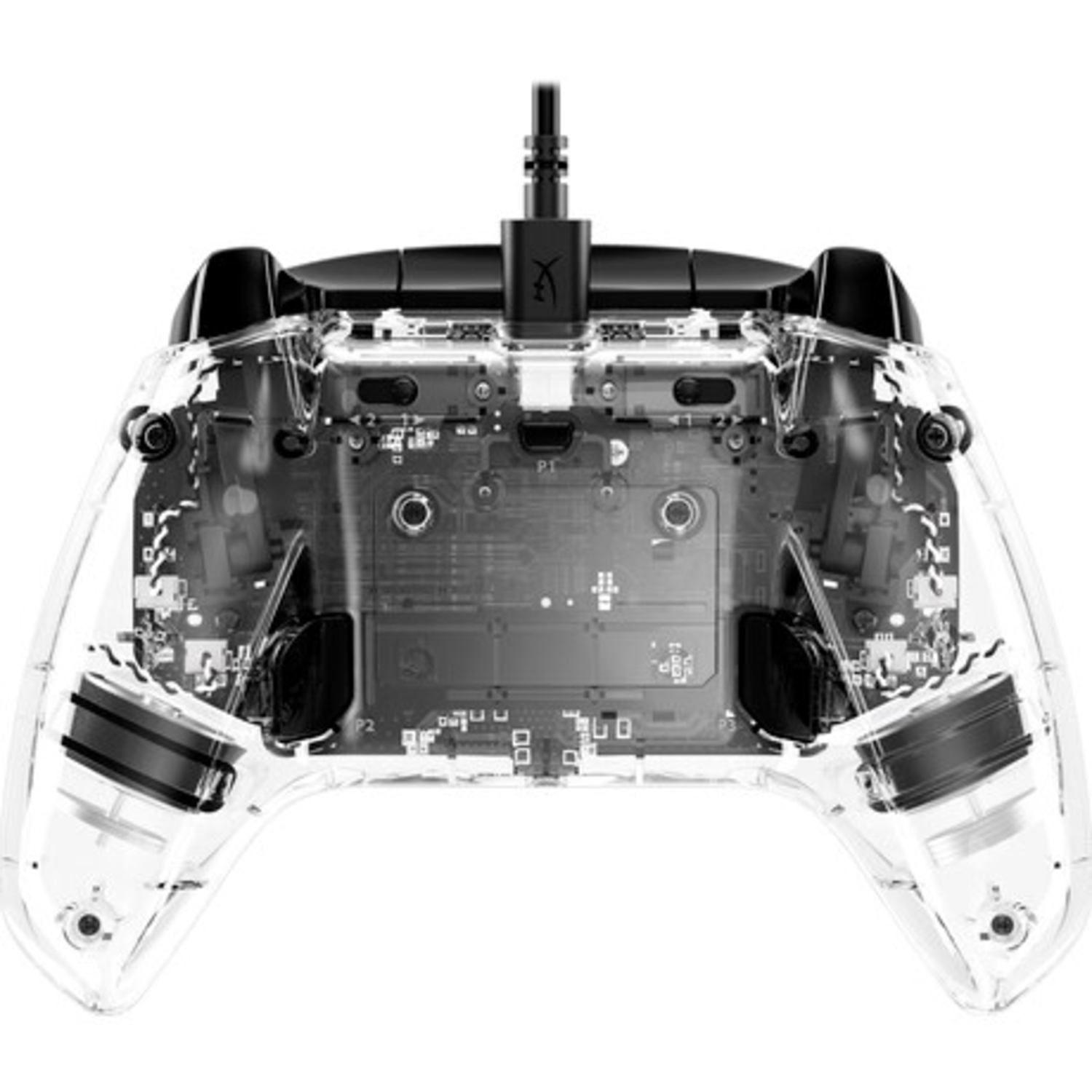 Transparante controller, met interne componenten. Zwarte knoppen en handvatten zichtbaar.