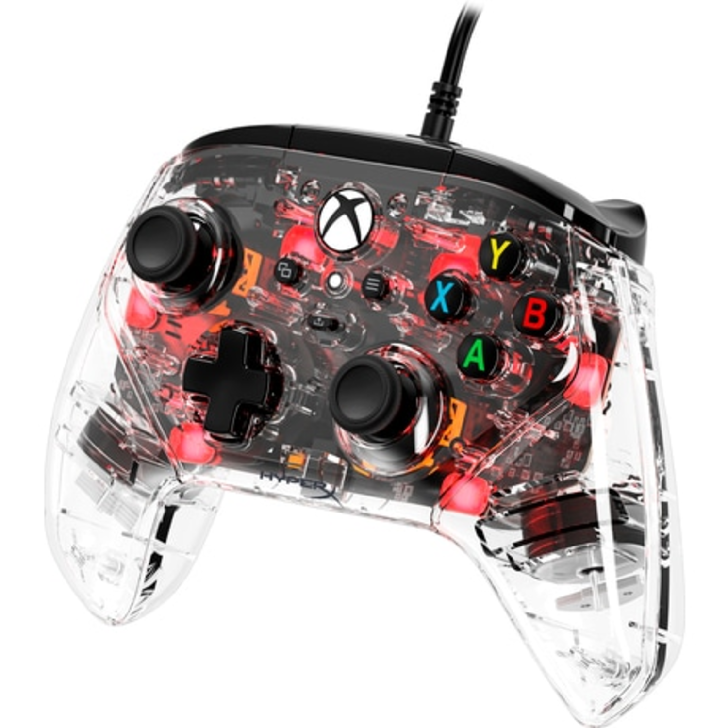 Transparante controller met rode interne verlichting. Knoppen zijn gekleurd en verlicht.