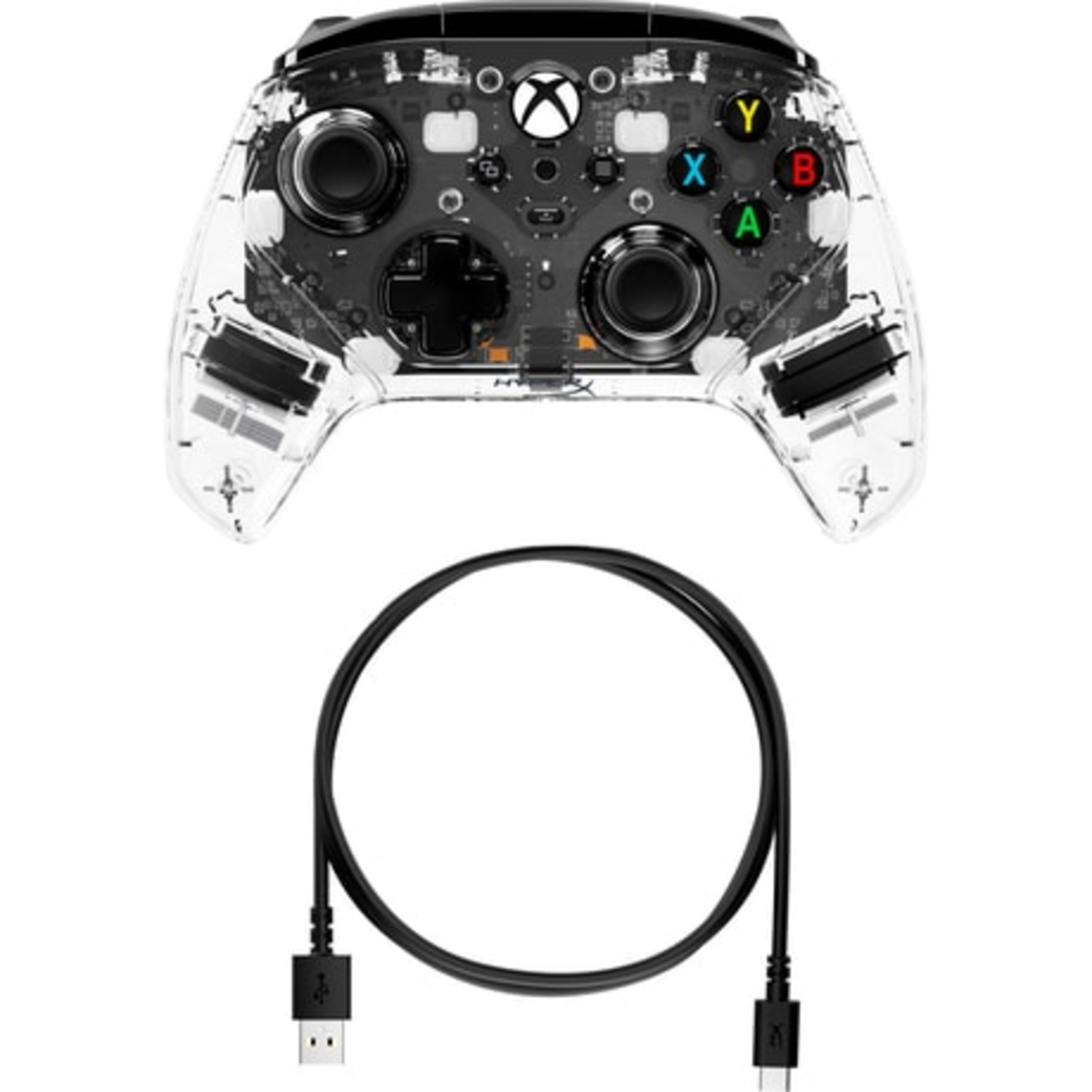 Controller met verlichte knoppen, verbonden met een USB-kabel.
