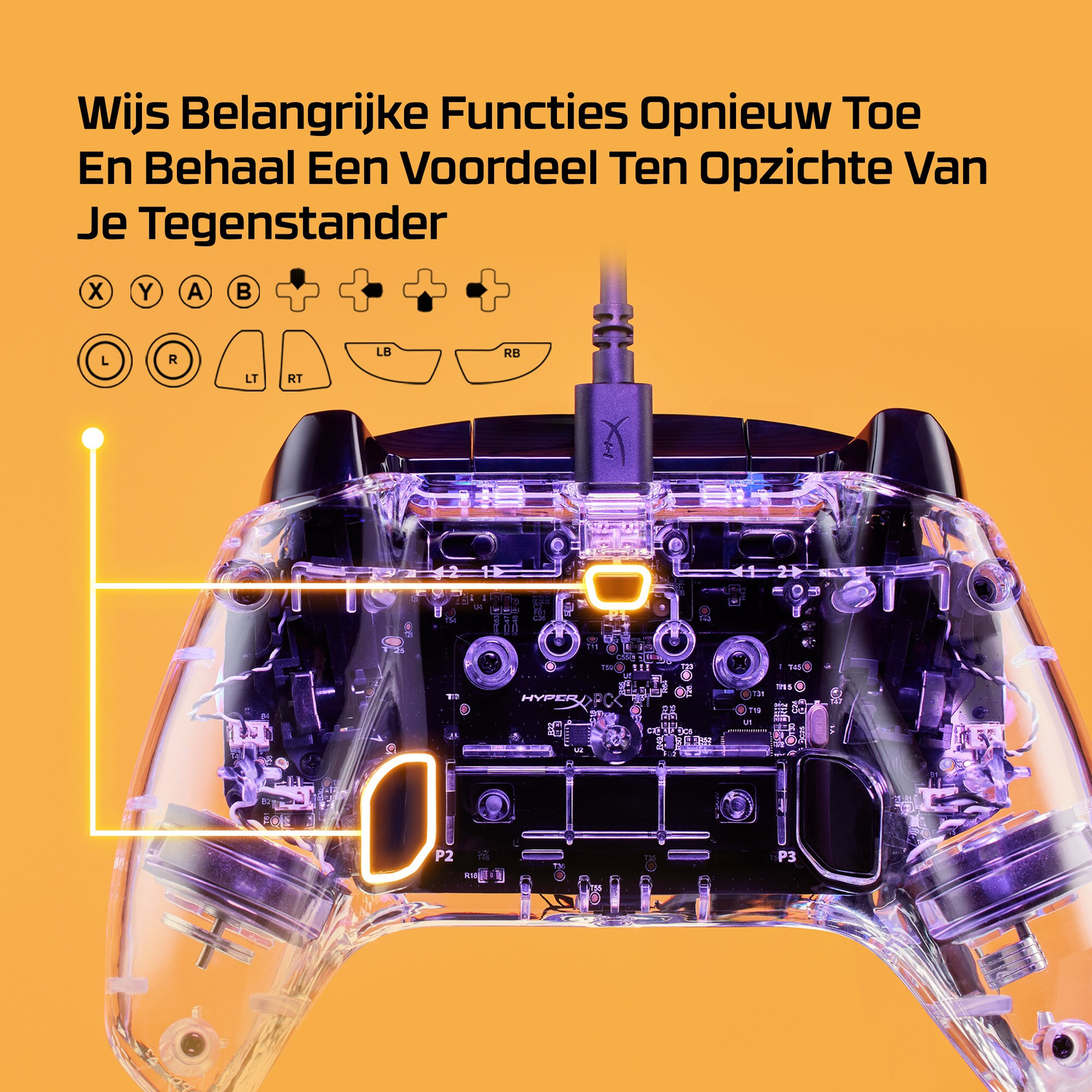 Transparante zwarte gamecontroller met gemarkeerde knoppen en een aangesloten USB-kabel.