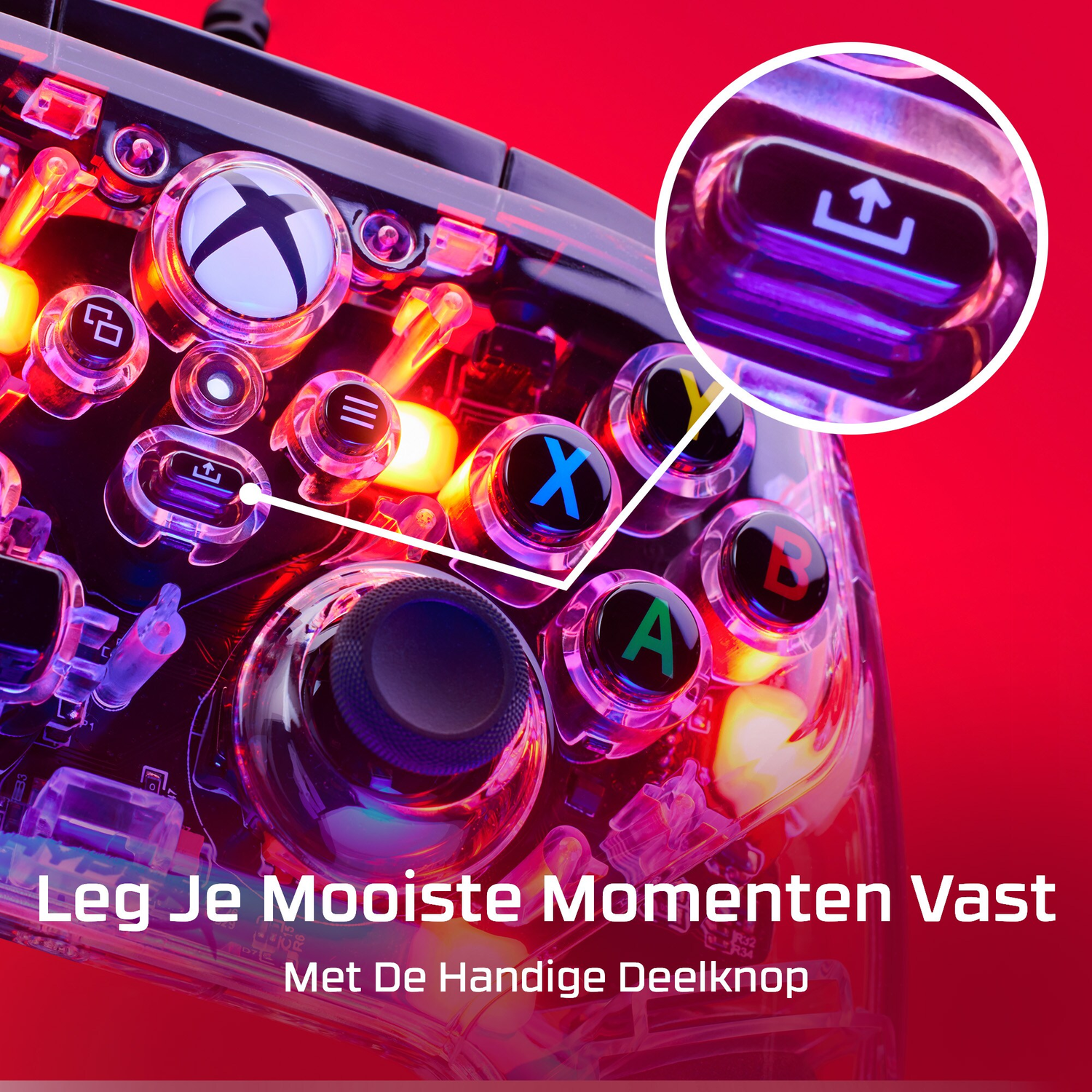 Close-up van een zwarte gamecontroller met gemarkeerde knoppen, een cirkeloverlay.