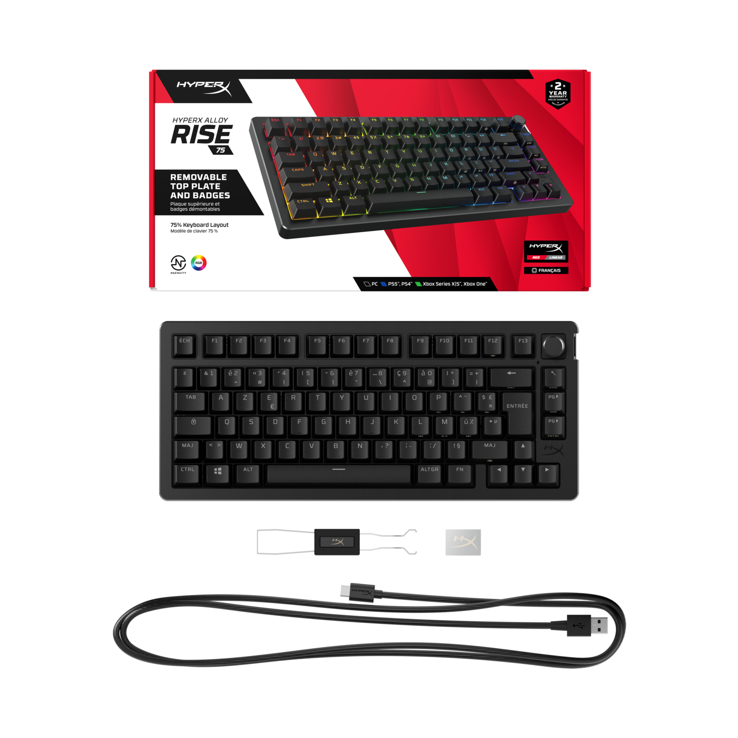 HyperX Alloy Rise 75 toetsenbord in de doos met accessoires en keypuller.