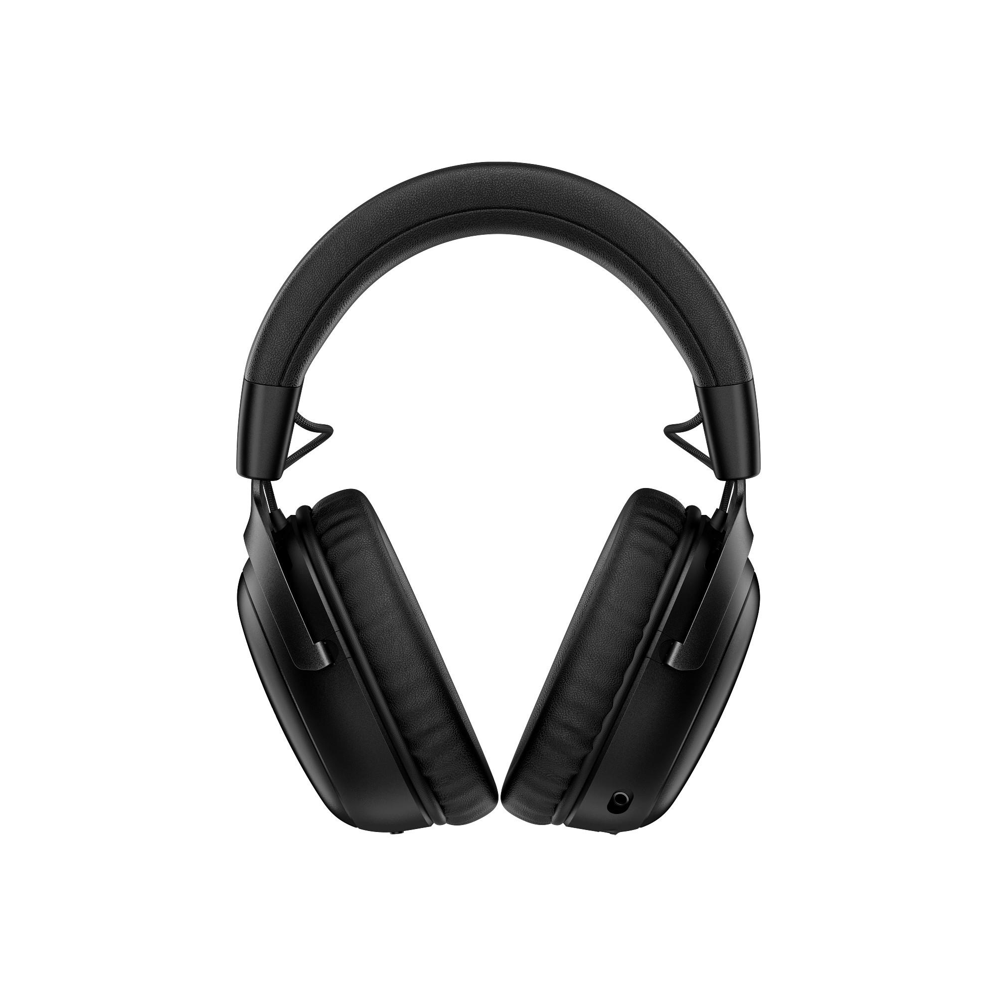 Schwarzes Headset, offen. Die Ohrpolster sind sichtbar, das Headset ist weiß.