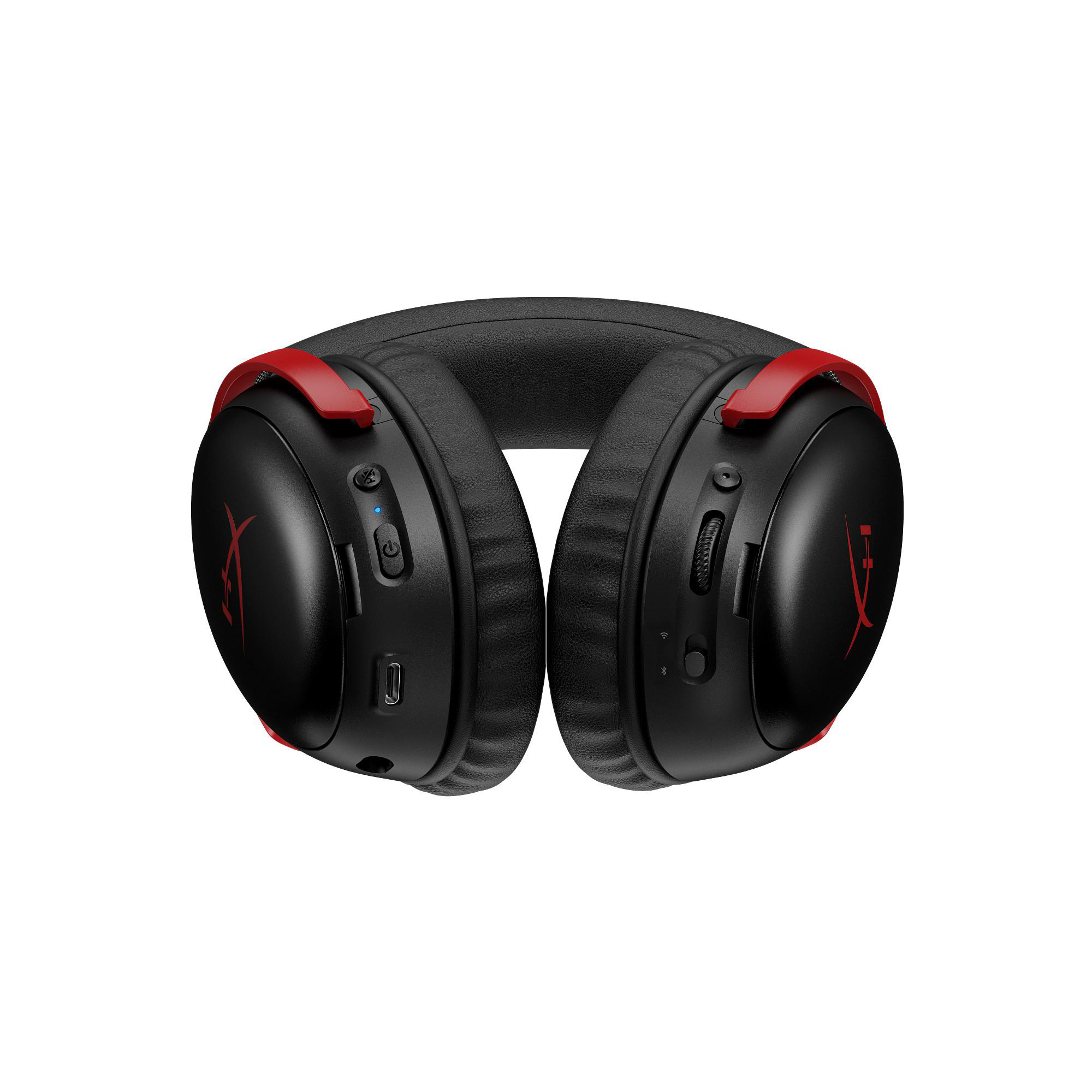 Schwarzes Headset mit roten Akzenten, von vorne gesehen. HyperX-Logo sichtbar.