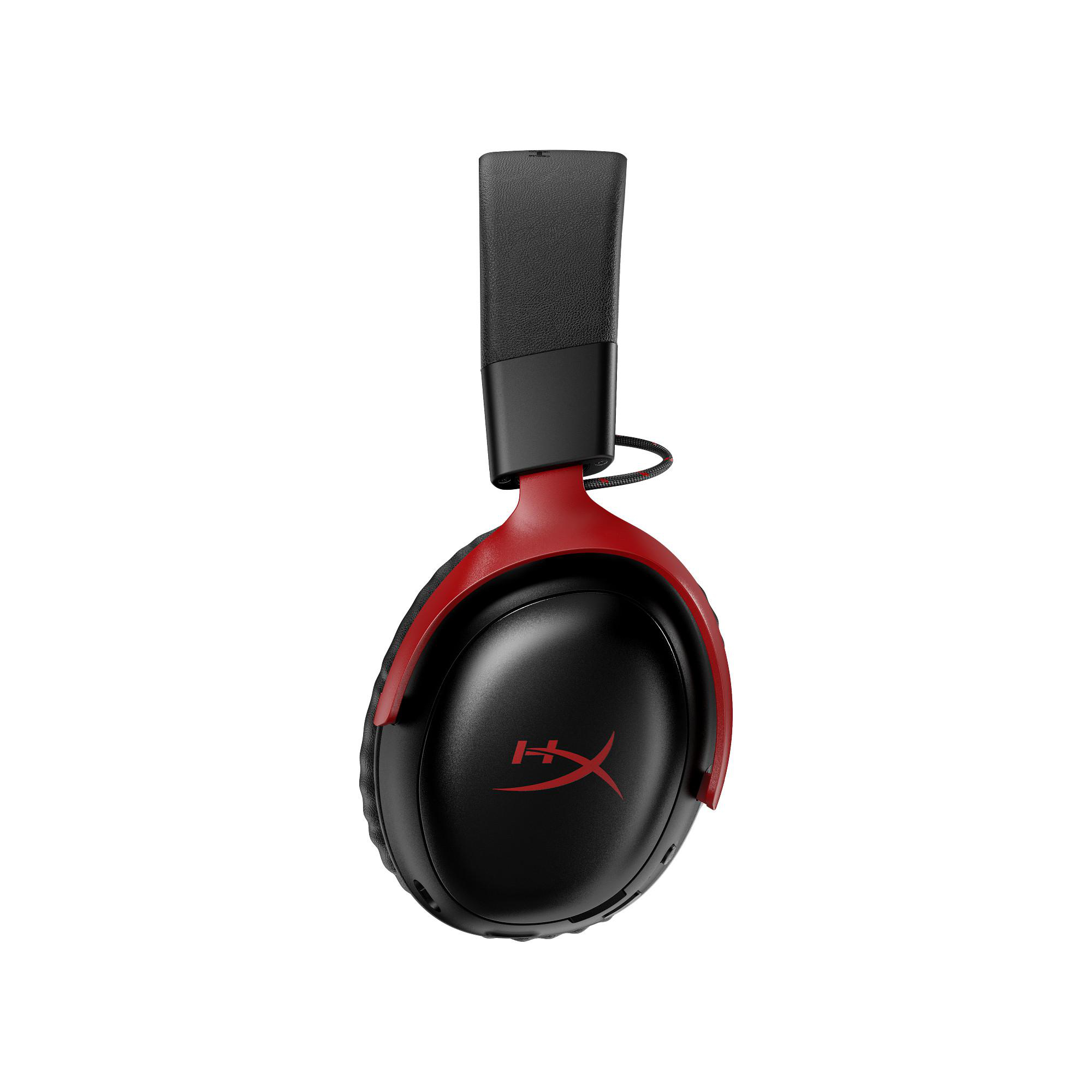 Schwarzes Headset mit roten Akzenten, hängend. HyperX-Logo ist sichtbar.