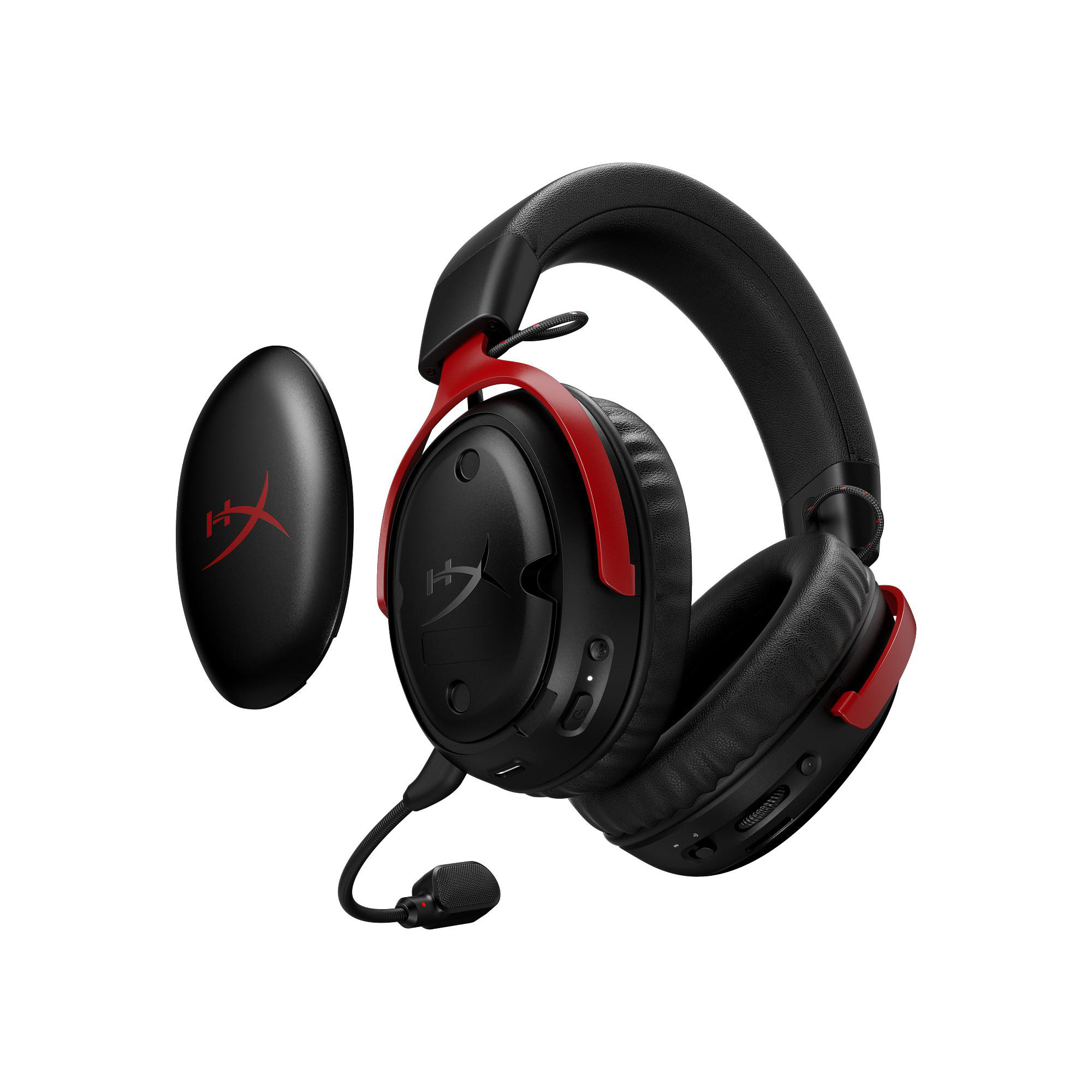 Schwarzes Headset mit Mikrofon und roten Akzenten mit schwarzem Gehäuse. HyperX-Logo sichtbar.