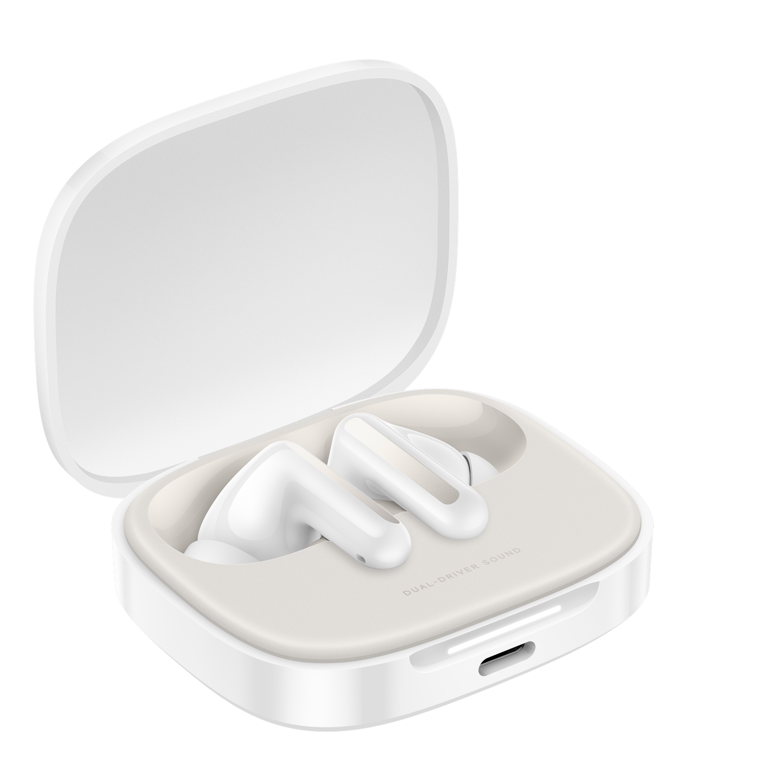 Auriculares blancos en estuche abierto, texto Dual Driver Sound.