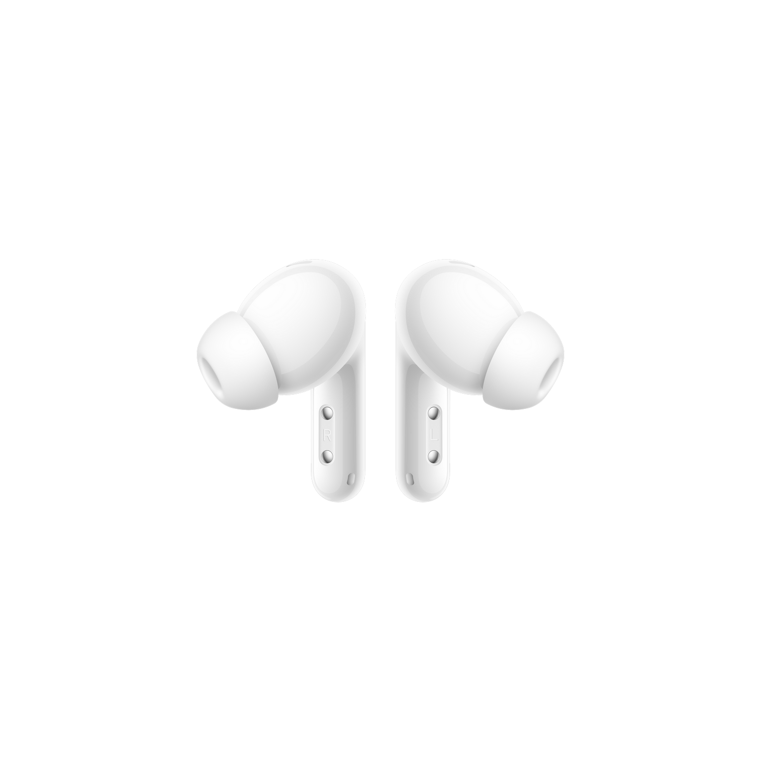 Dos auriculares blancos sobre fondo negro, vista lateral, con marcas.