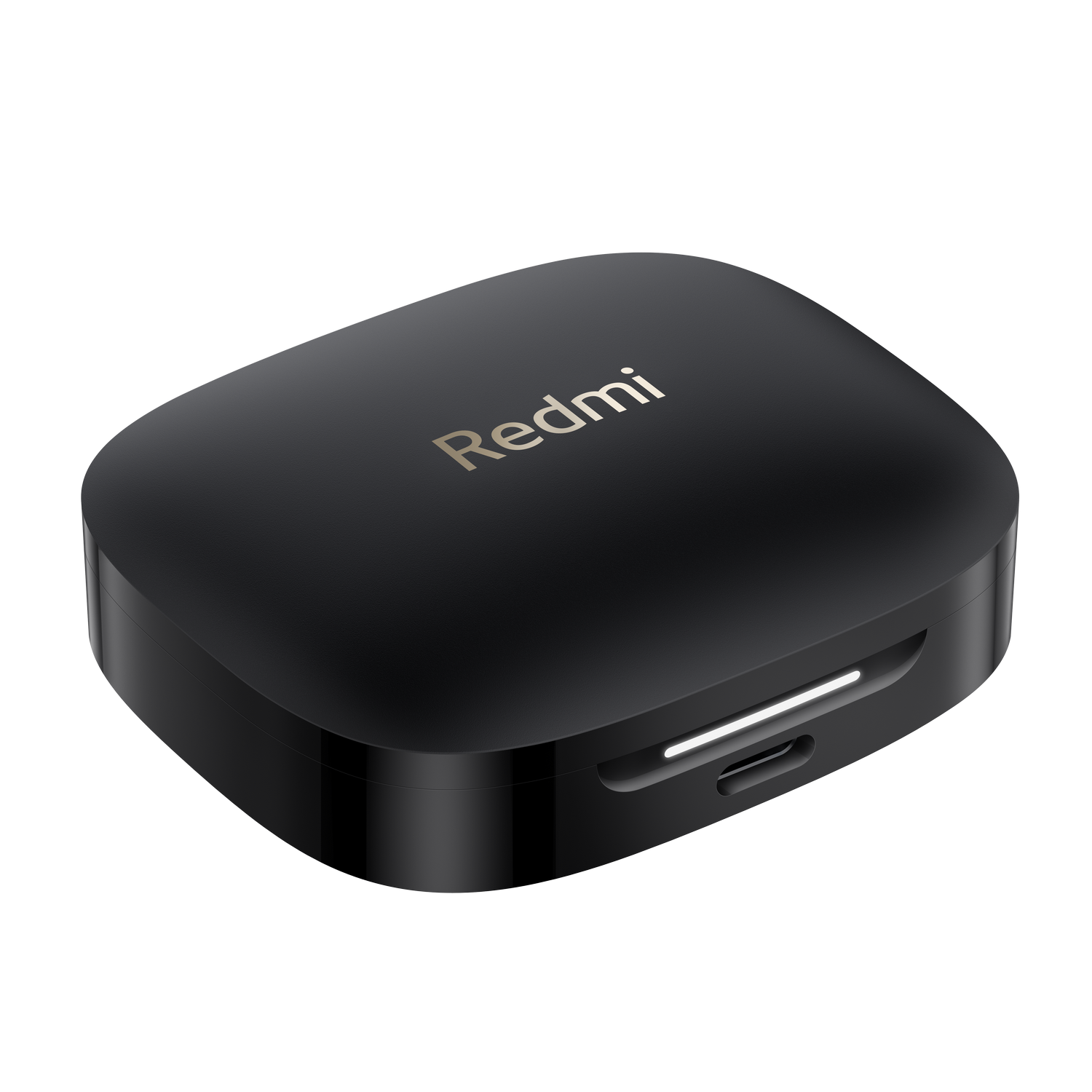 Estuche de auriculares negro, cerrado, logo Redmi, puerto carga.