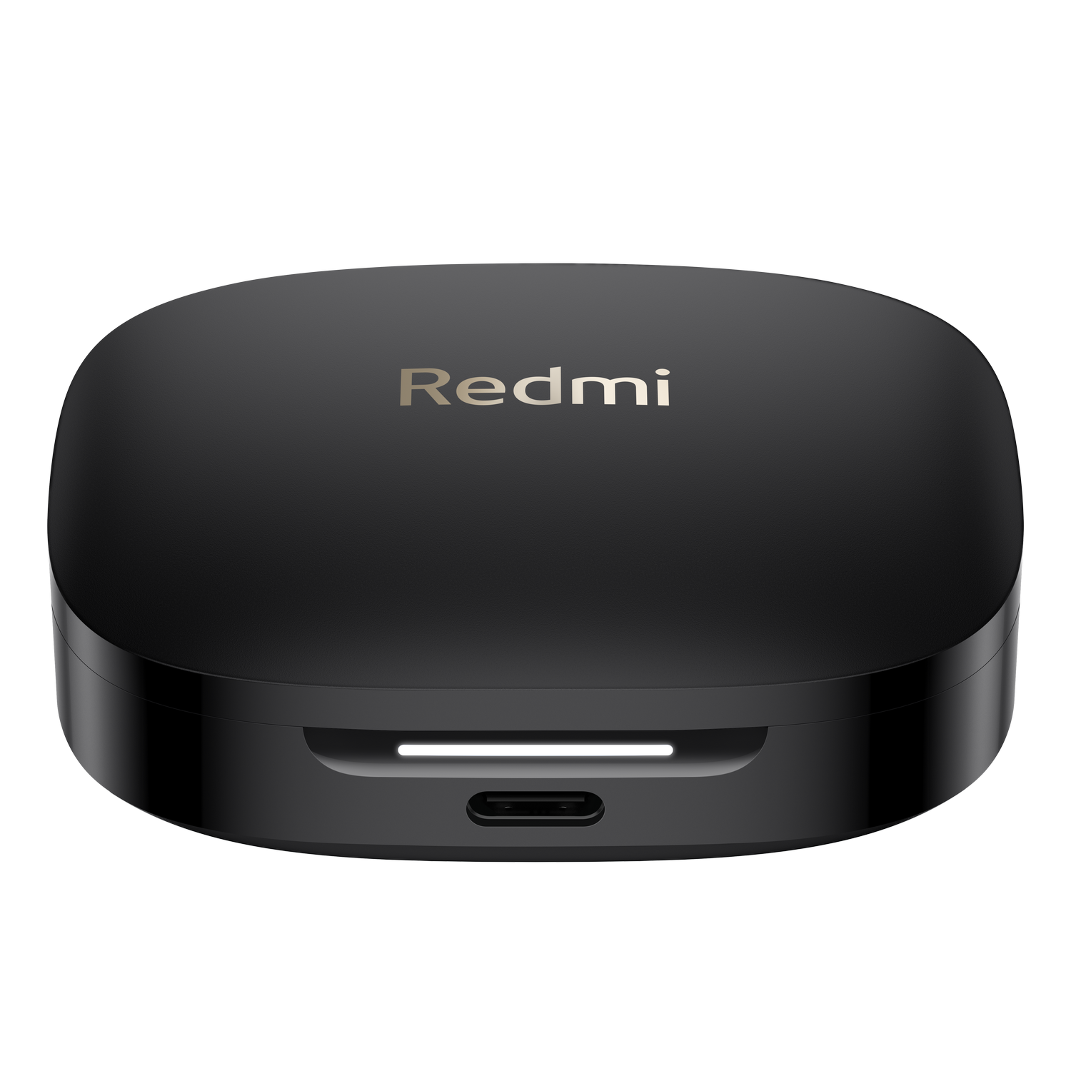 Estuche de auriculares negro, cerrado, logo Redmi, puerto carga.