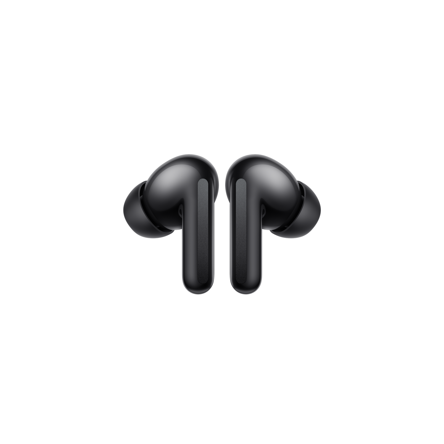 Dos auriculares negros sobre un fondo negro. Cada uno tiene un cuerpo redondeado y un tallo largo.