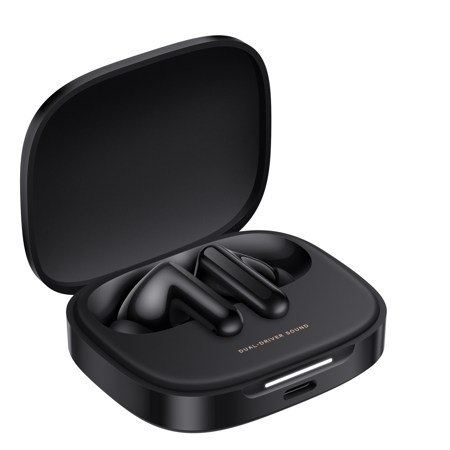 Auriculares negros en un estuche de carga negro abierto. Etiqueta de sonido de doble controlador. Fondo negro.