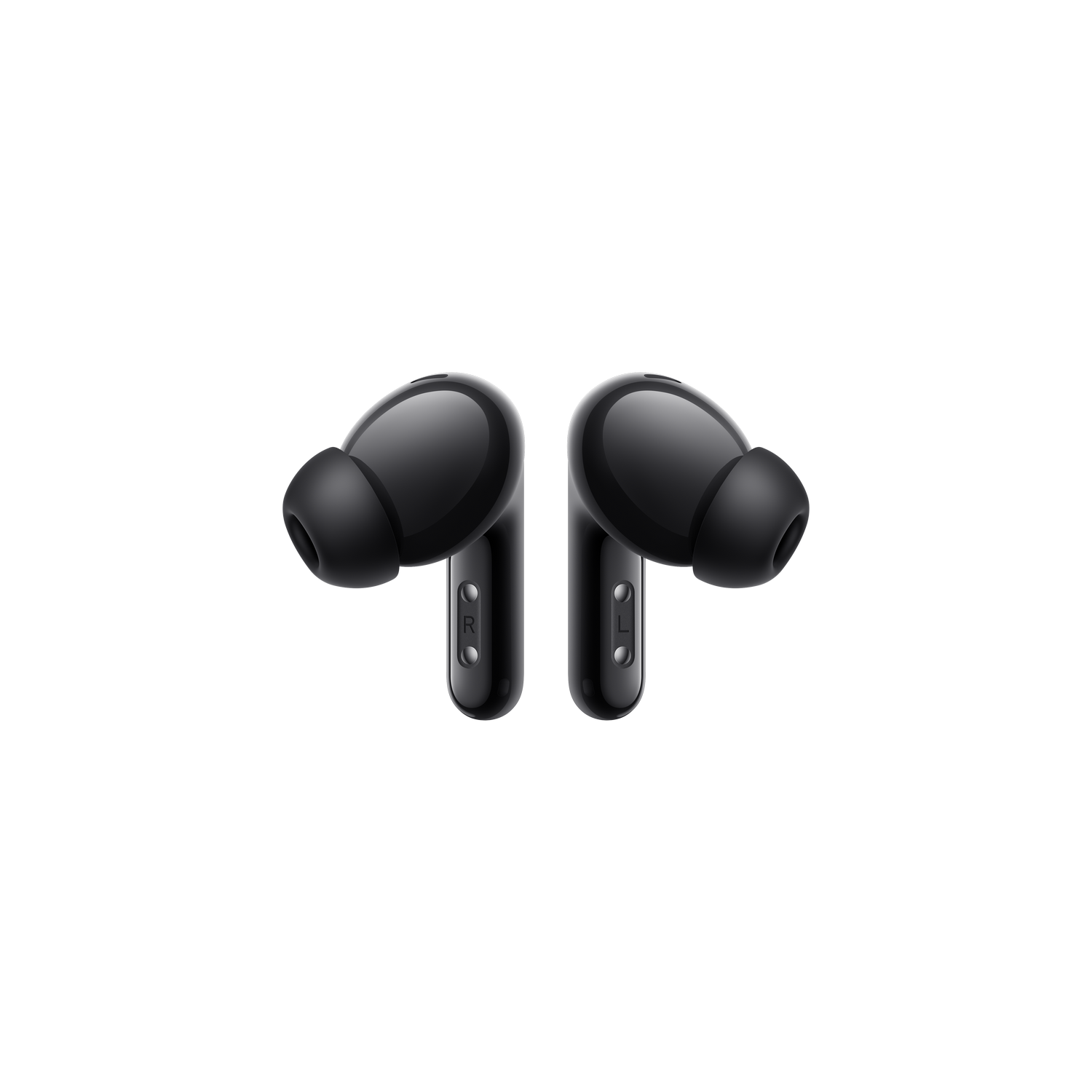 Dos auriculares negros con fondo negro. Las letras L y R son visibles.