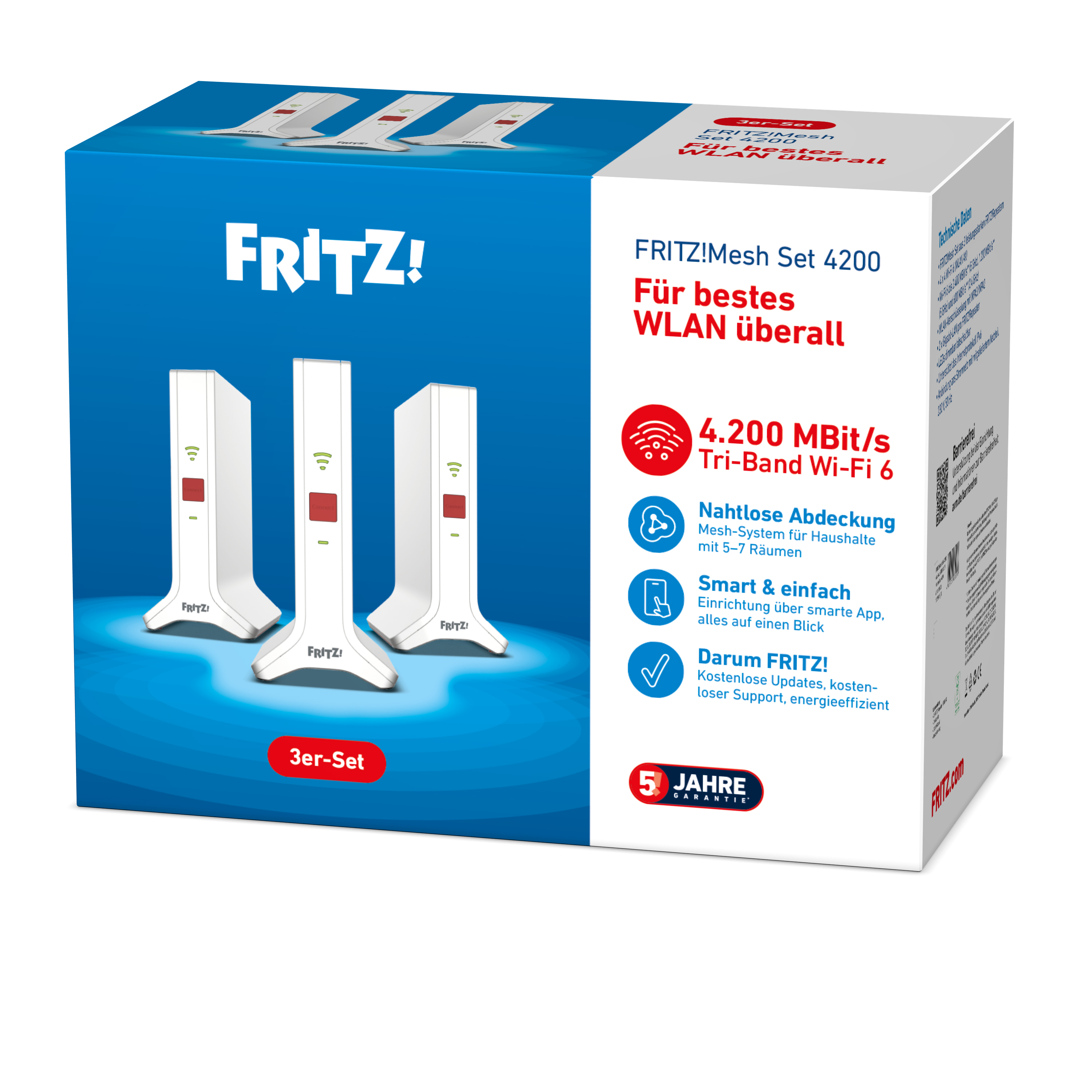 Verpacktes WLAN Mesh Set 4200, 3-teiliges Set. Zeigt drei Router, Funktionen und Vorteile. Blaues und weißes Design.