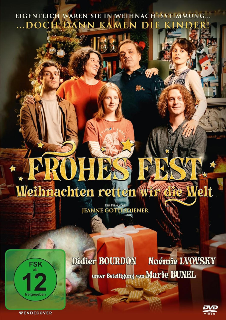 DVD-Cover von 'Frohes Fest' mit Familie und Schwein. Weihnachtsthema. Text und FSK 12-Rating.