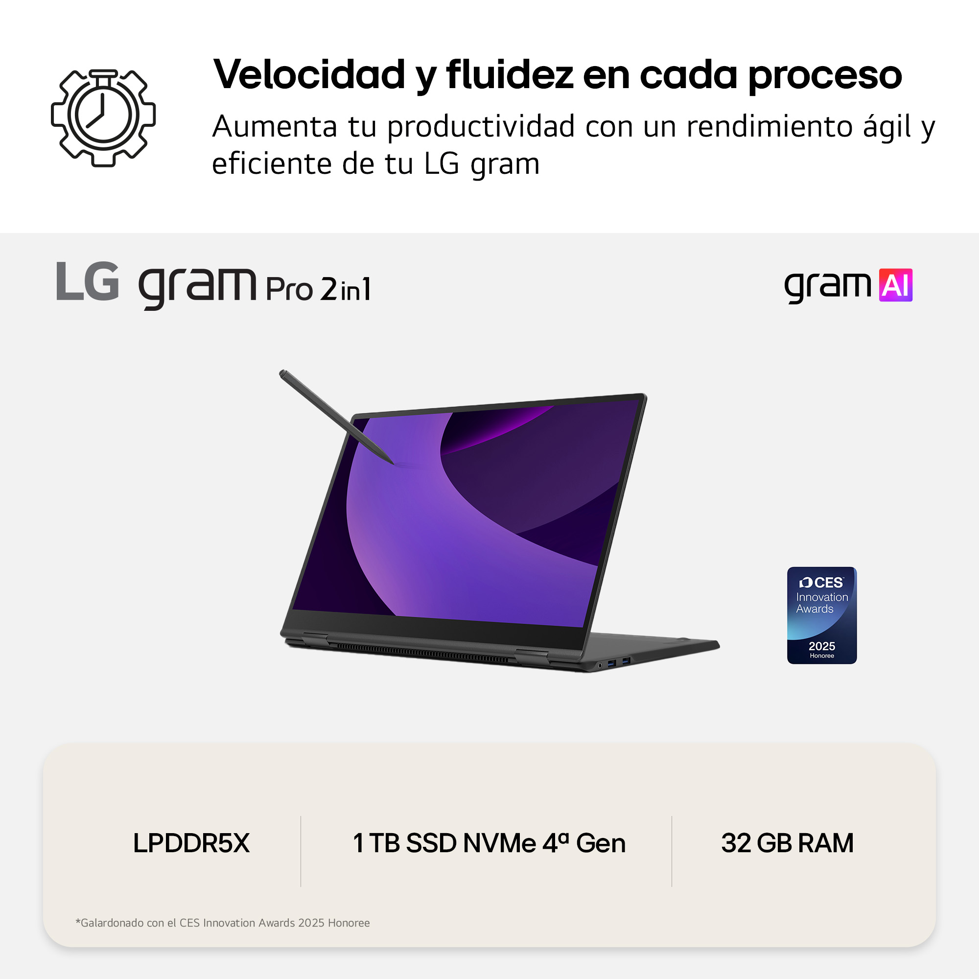 Portátil LG gram Pro 2-en-1. Abierto, con lápiz. Texto y especificaciones sobre fondo blanco.