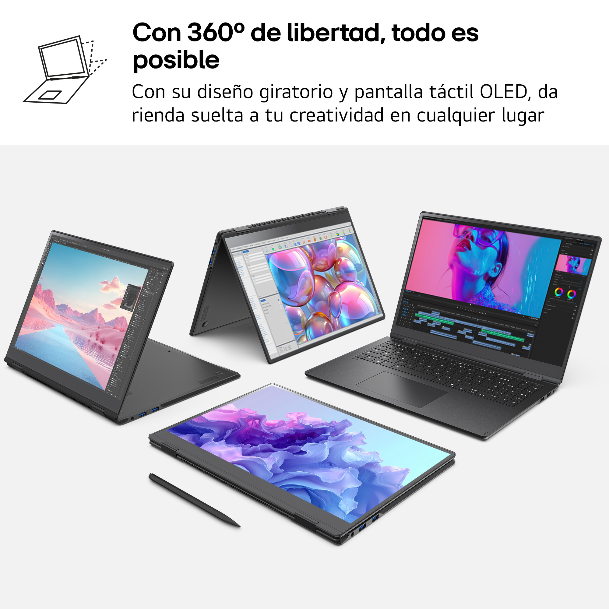 Múltiples portátiles LG en diferentes orientaciones. Texto y un lápiz. Fondo blanco.
