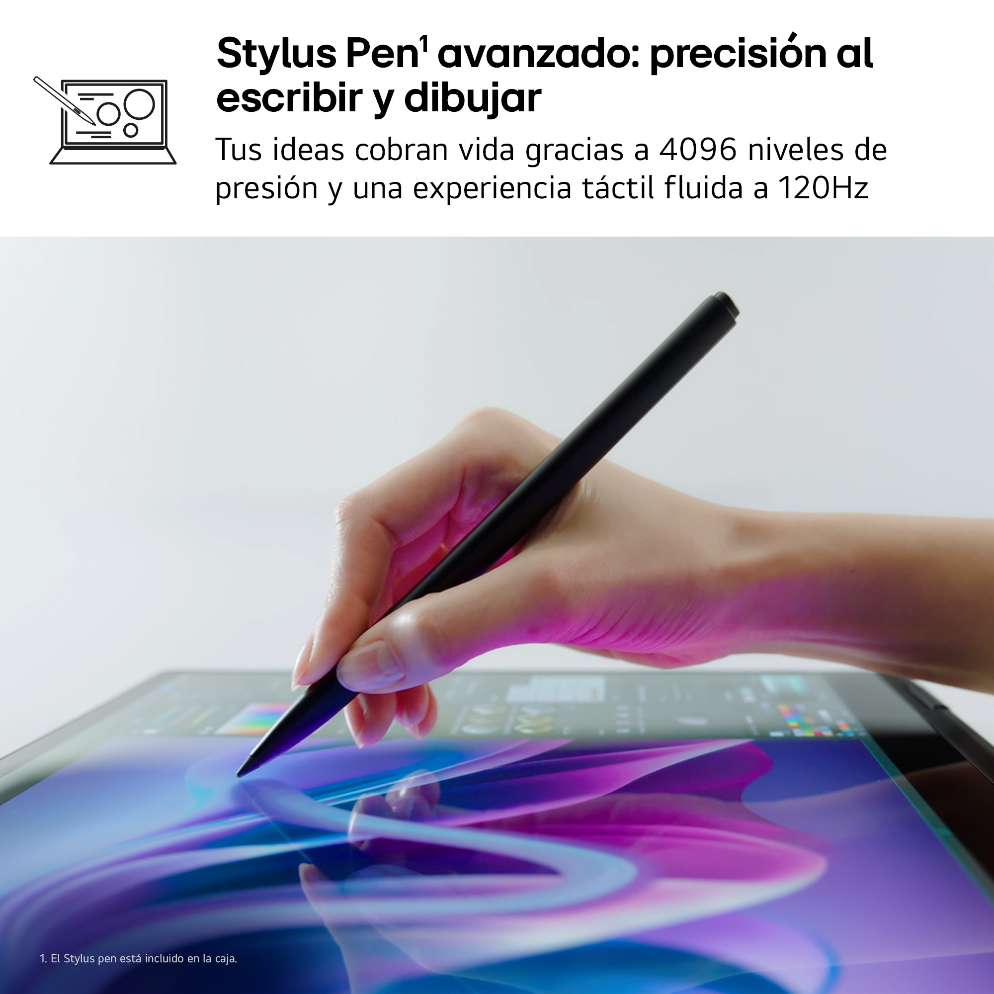Mano usando un lápiz en una tableta. Texto y gráficos. Fondo blanco.