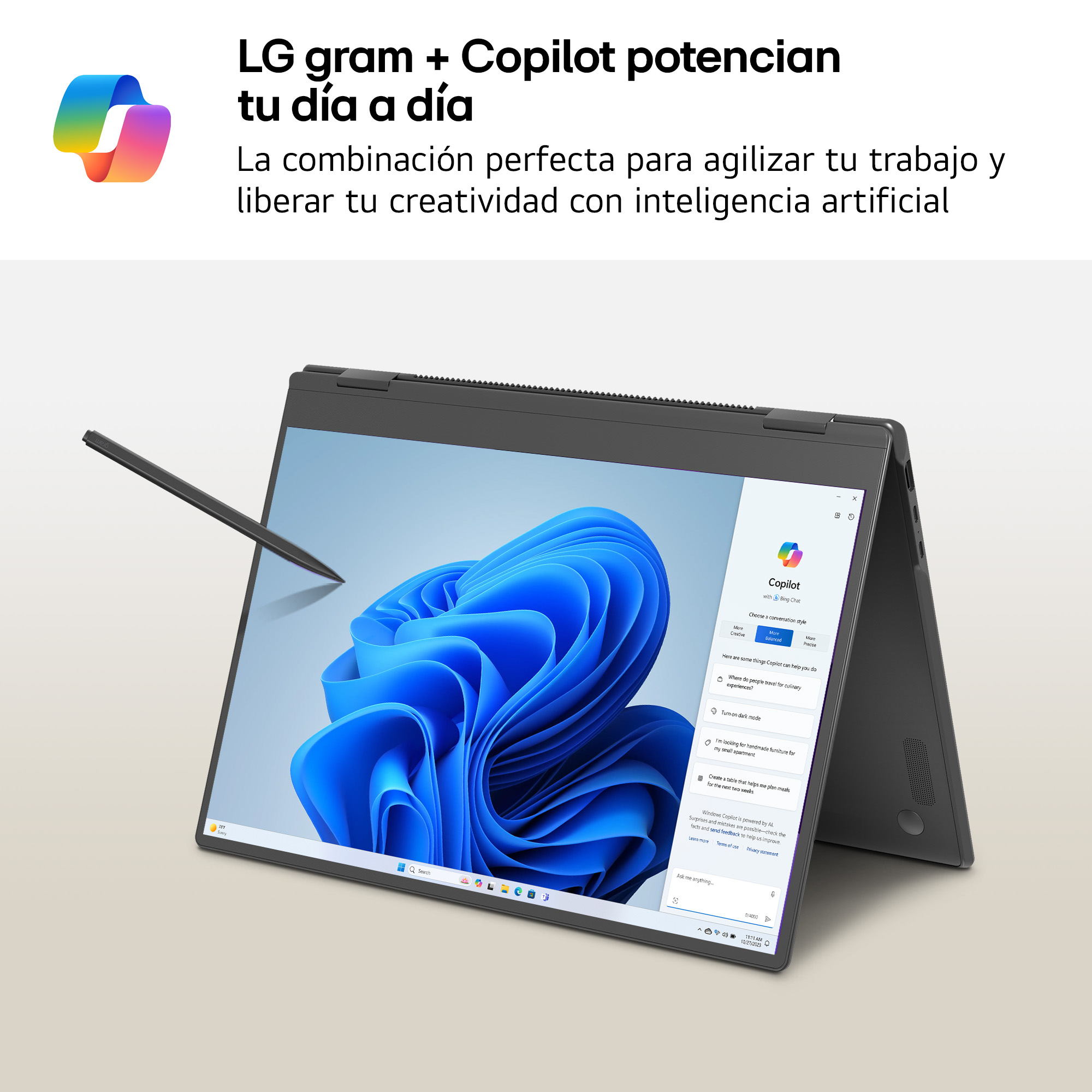 Un portátil con pantalla táctil muestra una imagen abstracta azul. Un lápiz óptico flota sobre la pantalla.