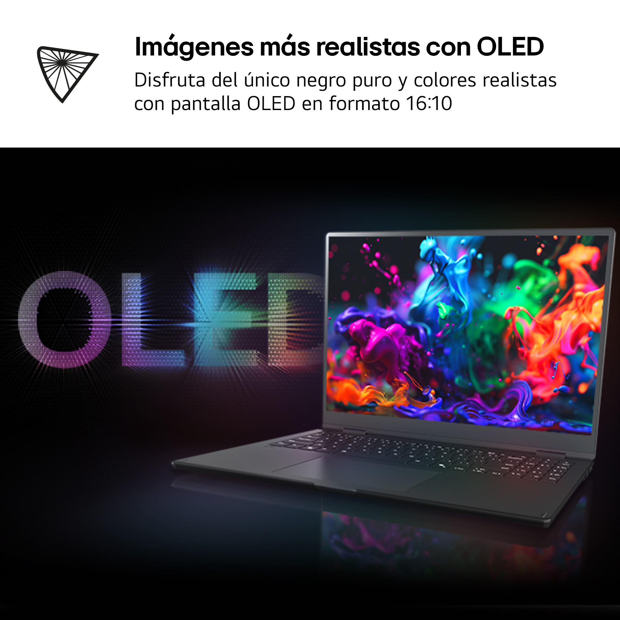 Un portátil muestra la palabra OLED en letras coloridas. Salpicaduras de pintura coloridas en el fondo.